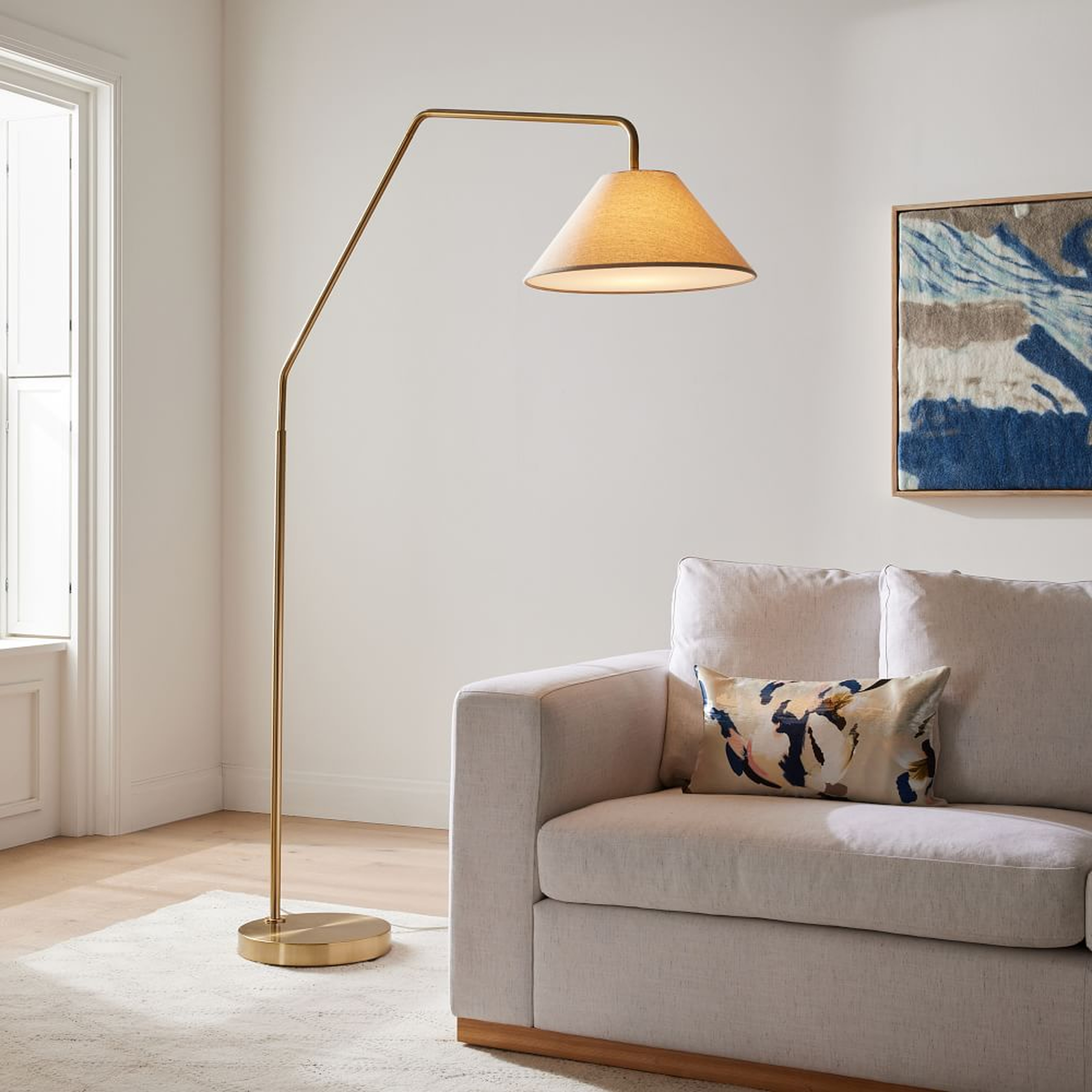 Sculptural Overarching Floor Lamp, Fabric Cone 18" Natural, Antique Brass, 18" - West Elm