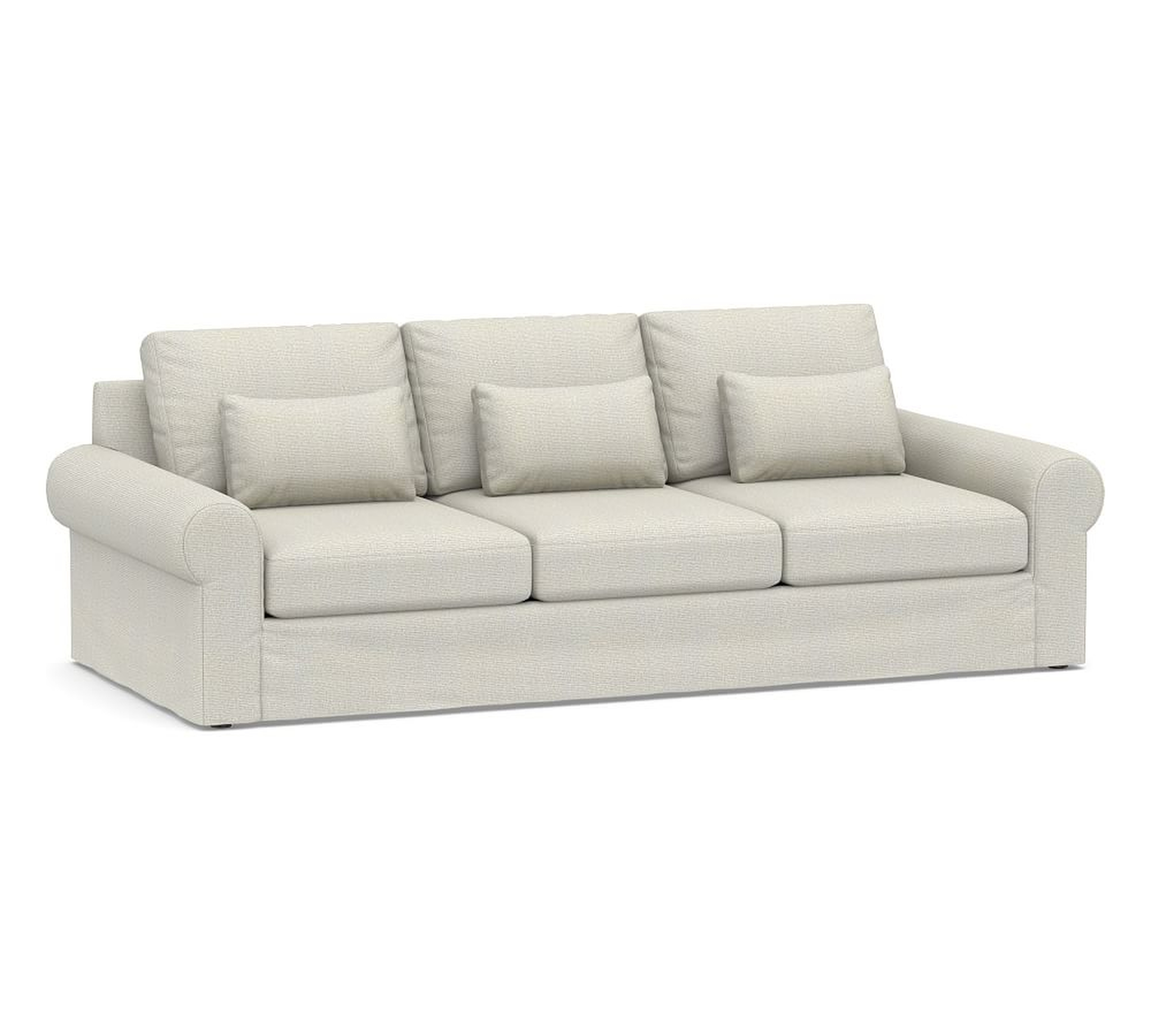 Big Sur Roll Arm Slipcovered Deep Seat Grand Sofa 106", Down Blend Wrapped Cushions, Performance Heathered Basketweave Dove - Pottery Barn