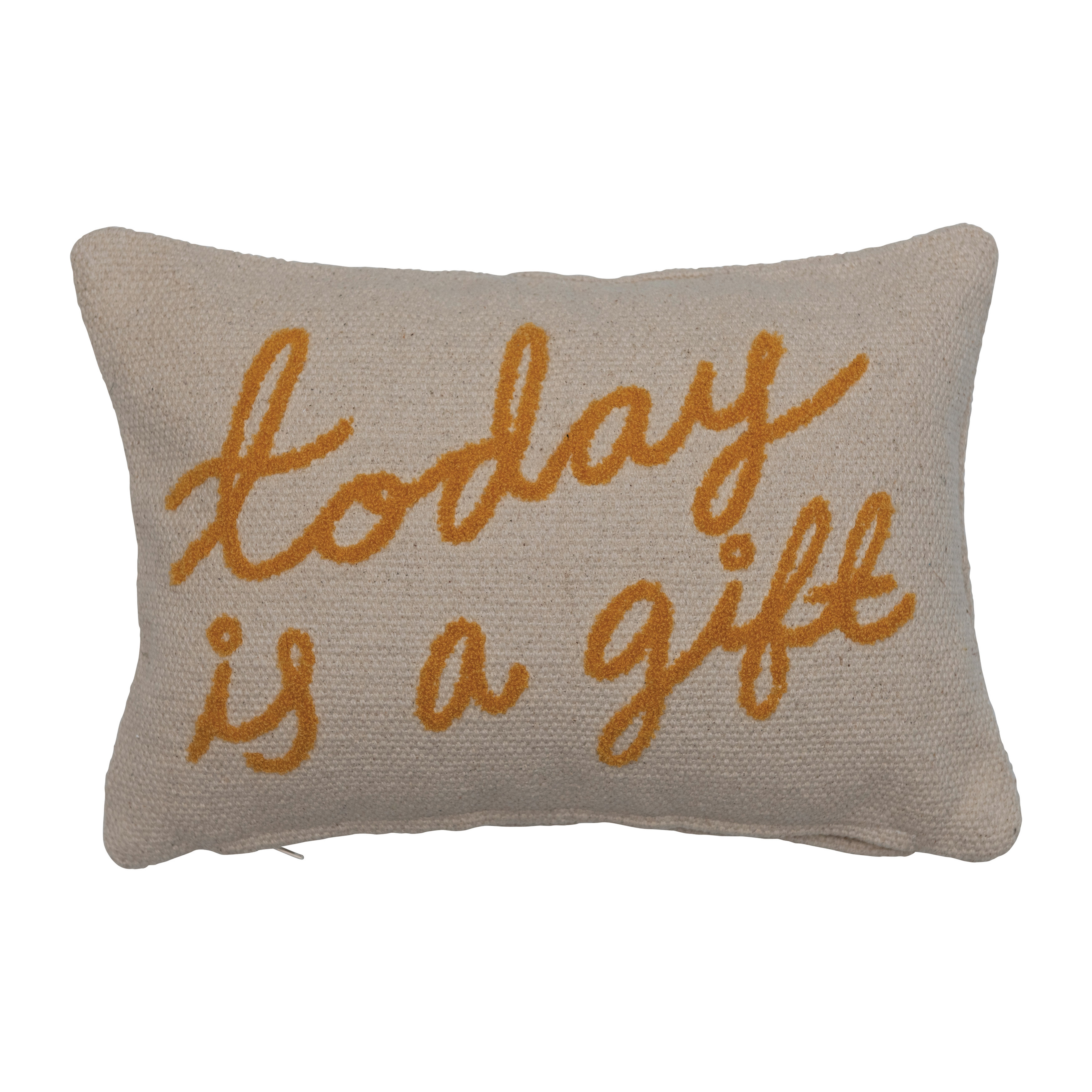 Embroidered Cotton Lumbar Pillow with "Today Is A Gift" In Script - Creative Co-Op