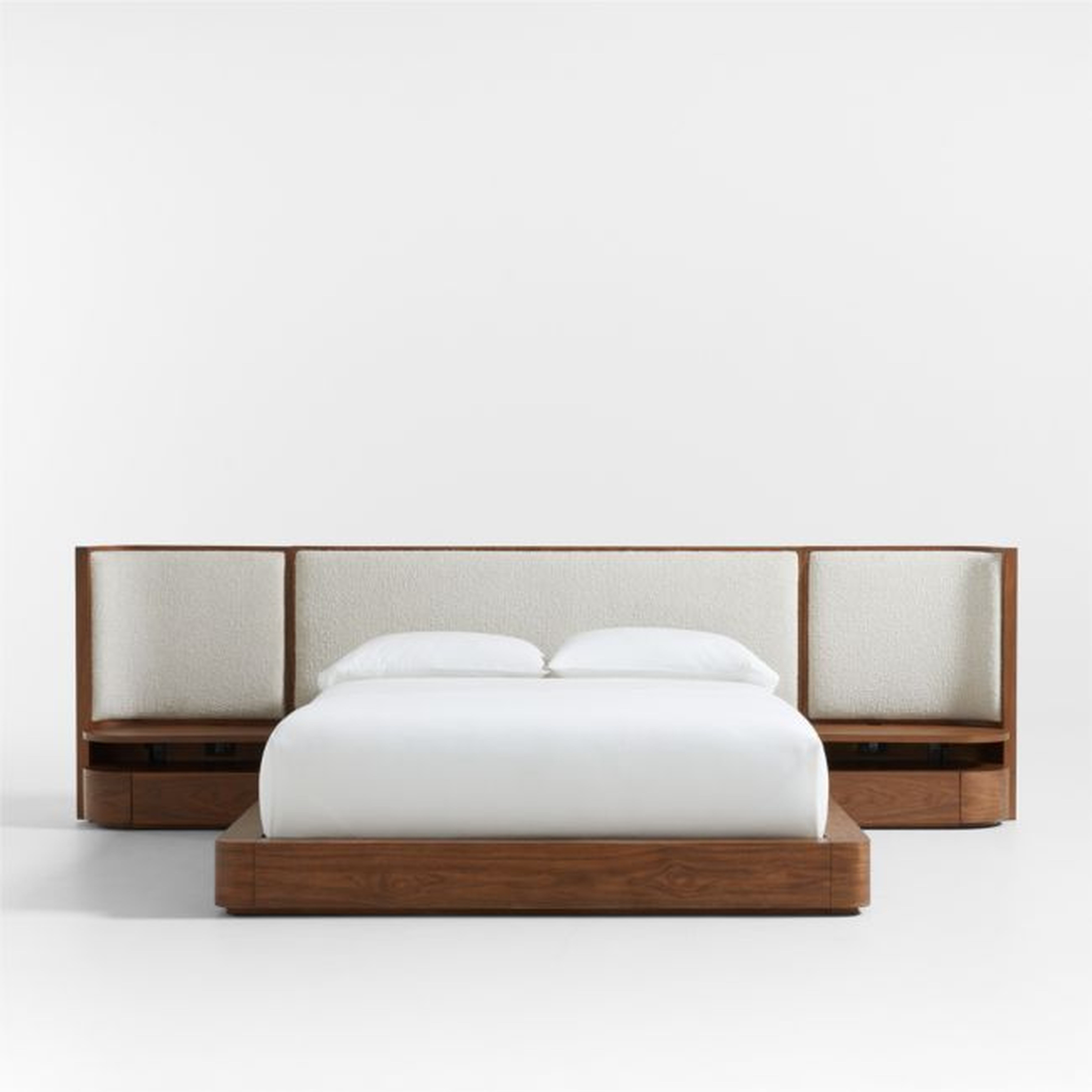 Milano Natural Walnut Wood Upholstered King Bed with Nightstands - Crate and Barrel