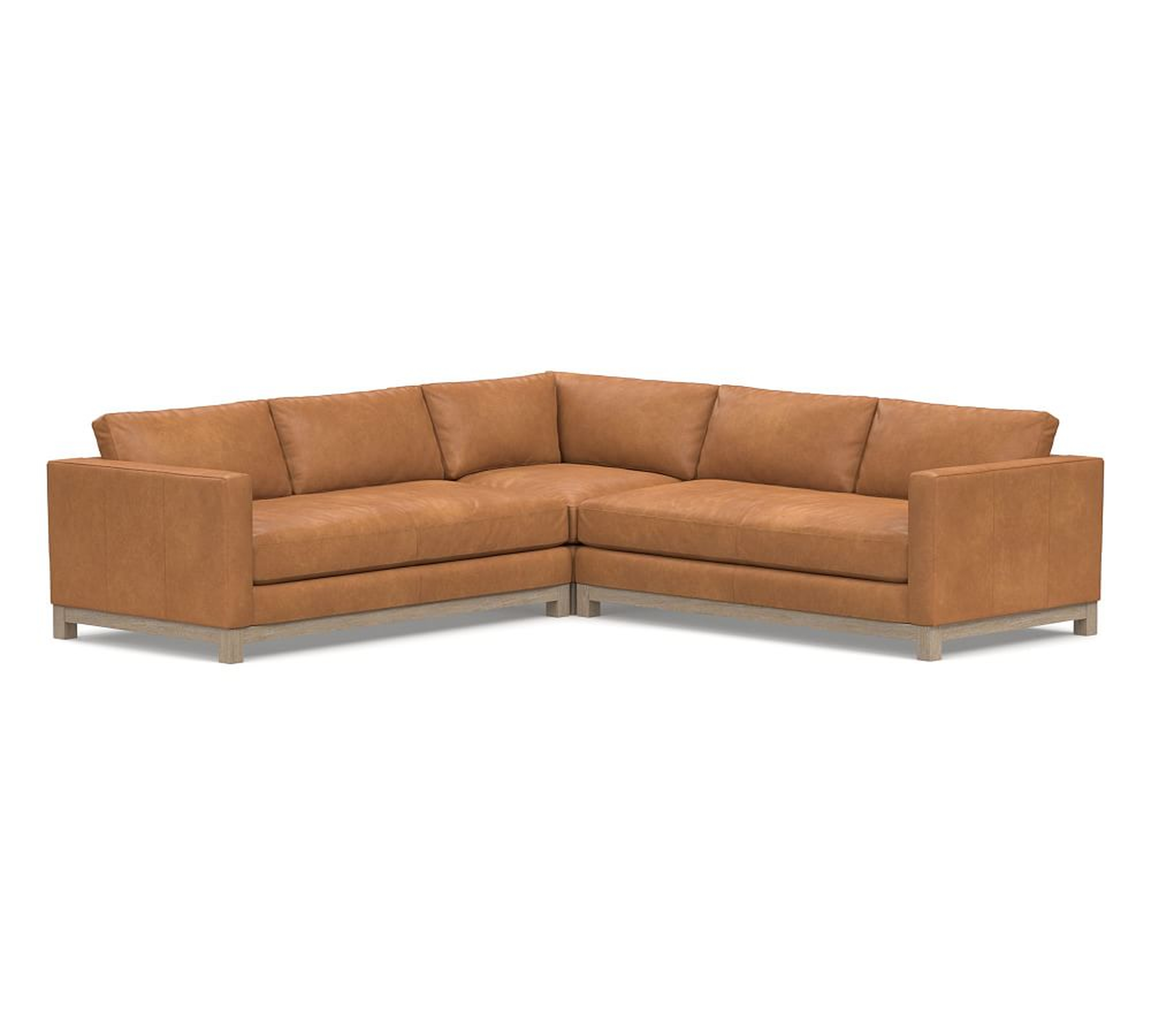 Jake Leather 3-Piece L-Shaped Corner Sectional with Wood Legs, Down Blend Wrapped Cushions Churchfield Camel - Pottery Barn
