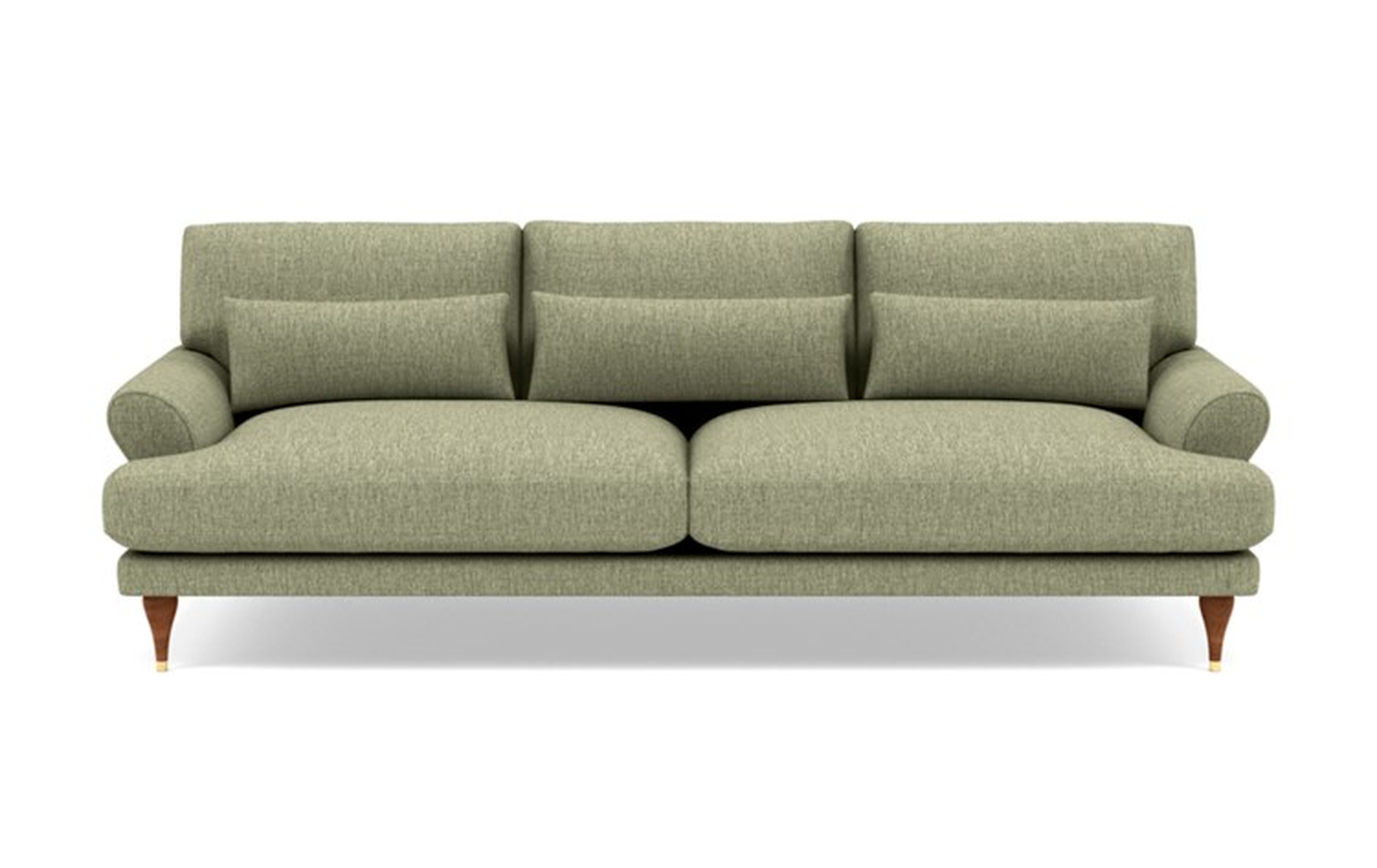 Maxwell Sofa with Green Sprout Fabric and Oiled Walnut with Brass Cap legs - Interior Define