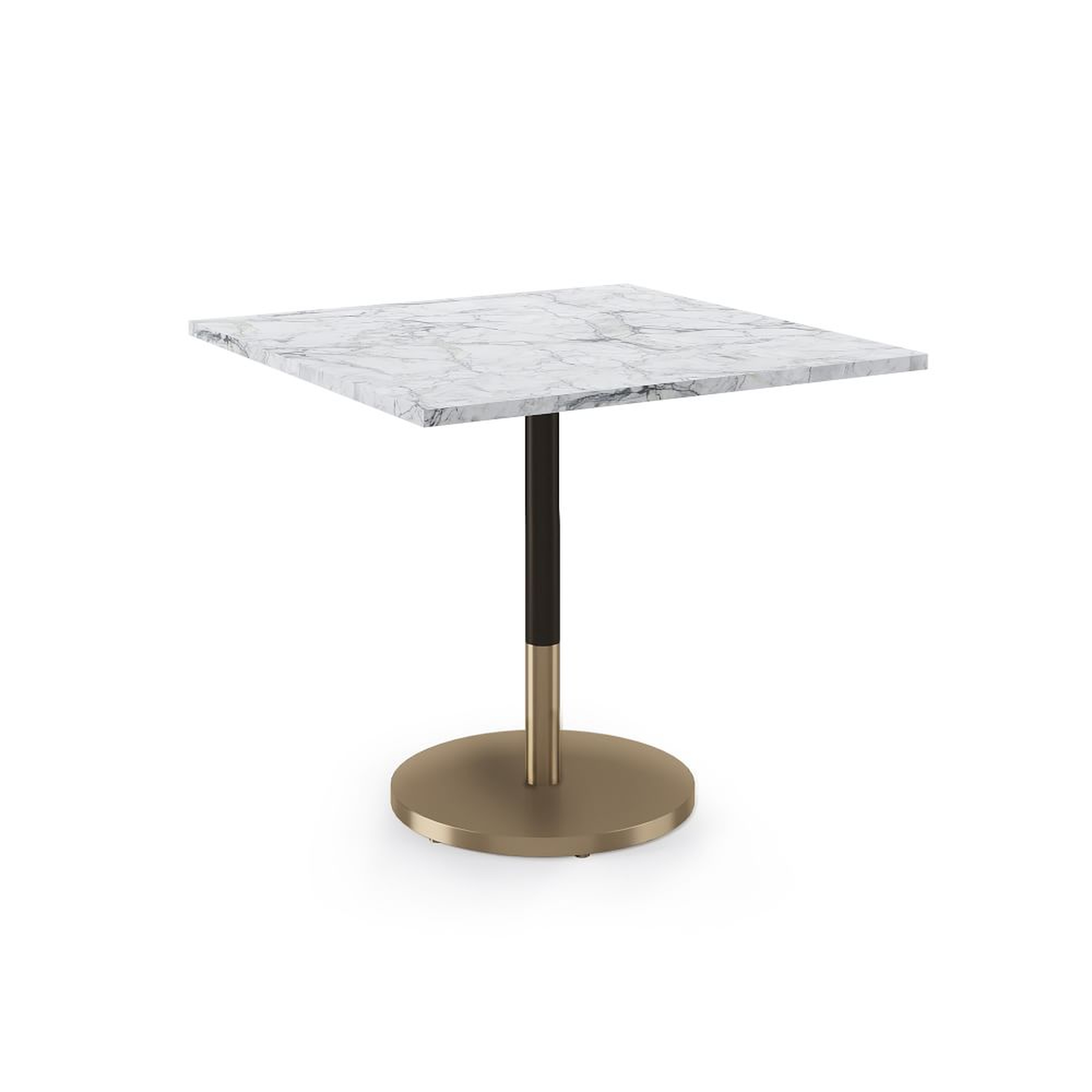 Restaurant Table:Top 36" Square: White Faux Marble + Dining Ht Orbit Base: Bronze/Brass - West Elm