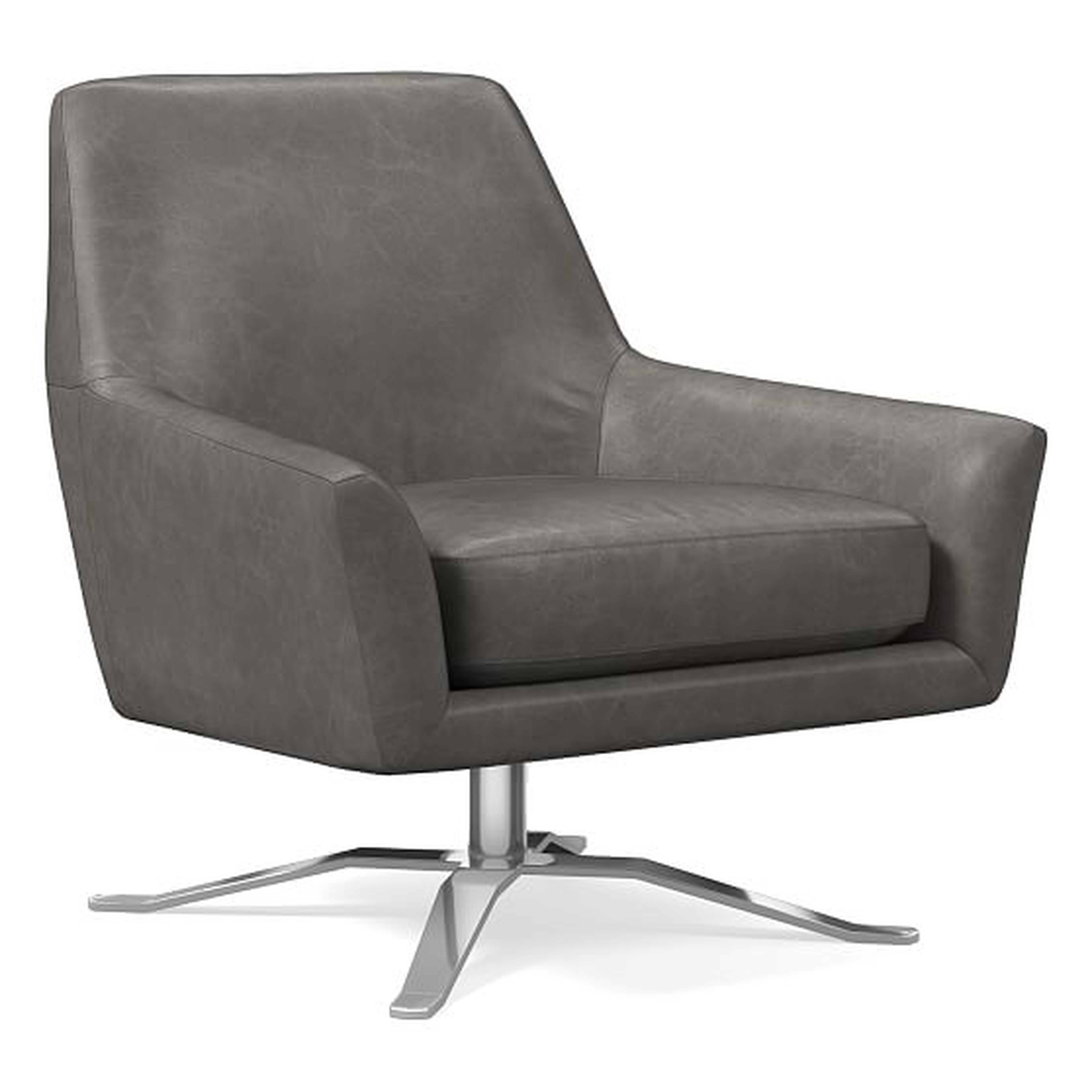 Lucas Swivel Base Chair, Ludlow Leather, Gray Smoke, Polished Nickel - West Elm