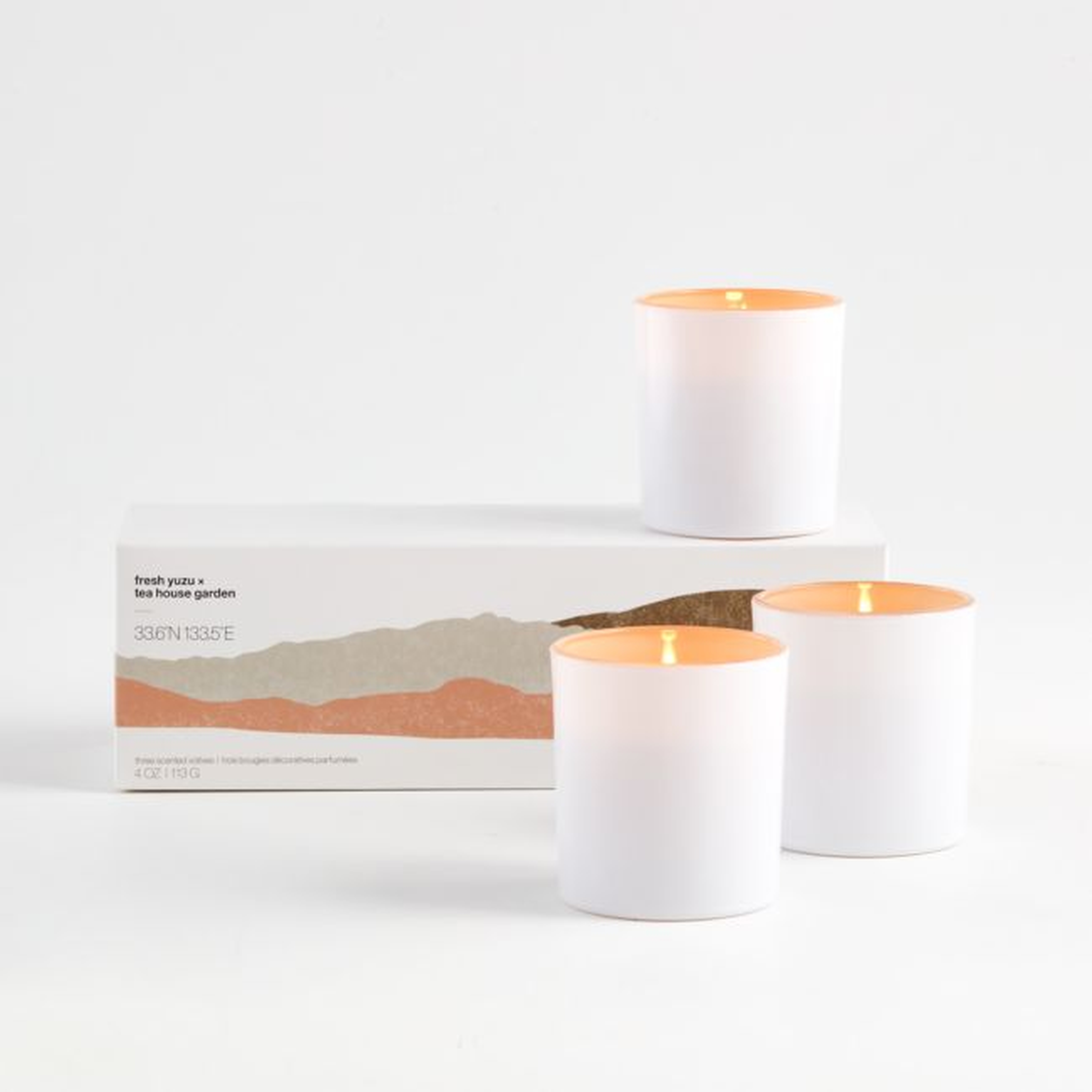 Fresh Yuzu and Teahouse Garden Scented Votive Candles, Set of 3 - Crate and Barrel