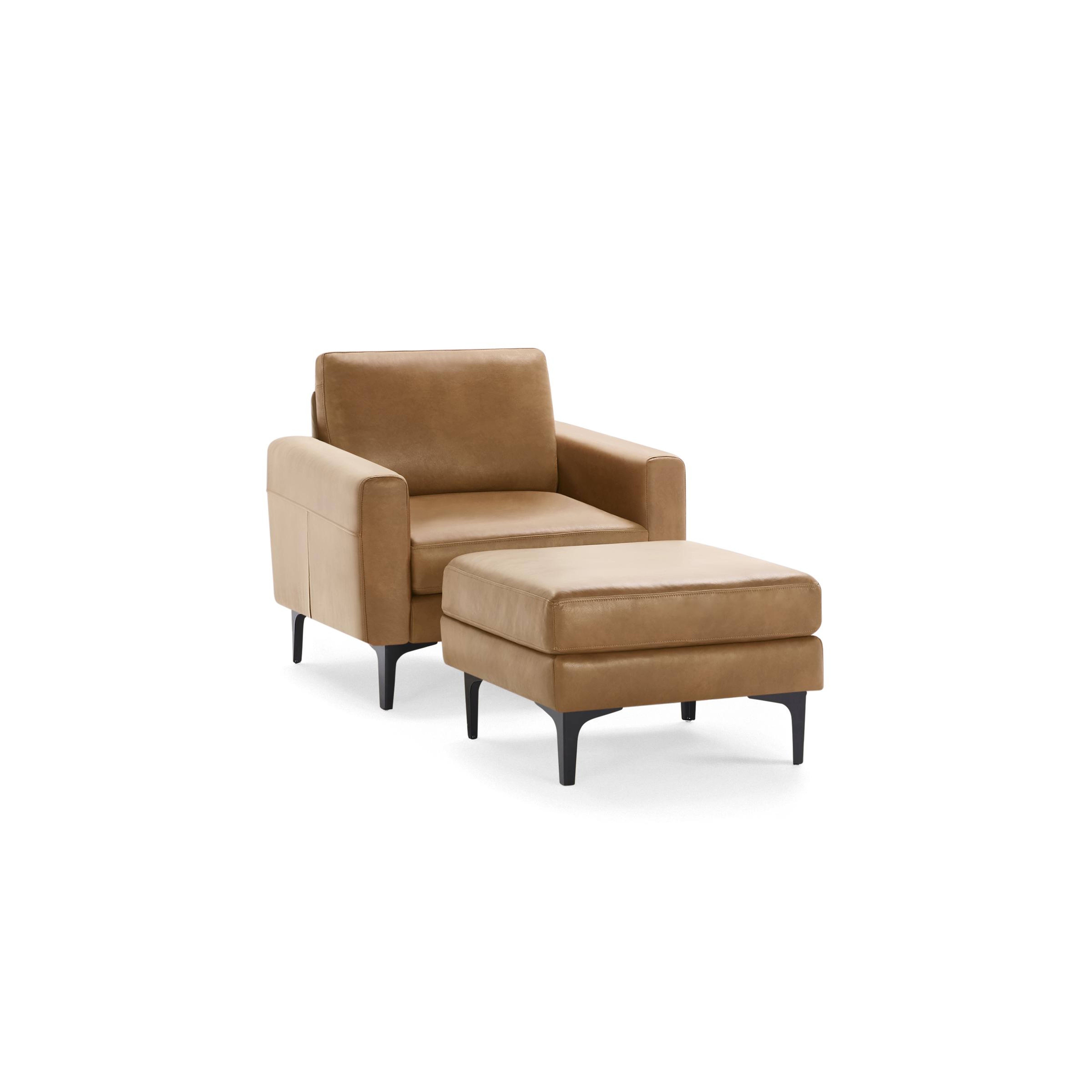 The Block Nomad Leather Armchair with Ottoman in Camel - Burrow