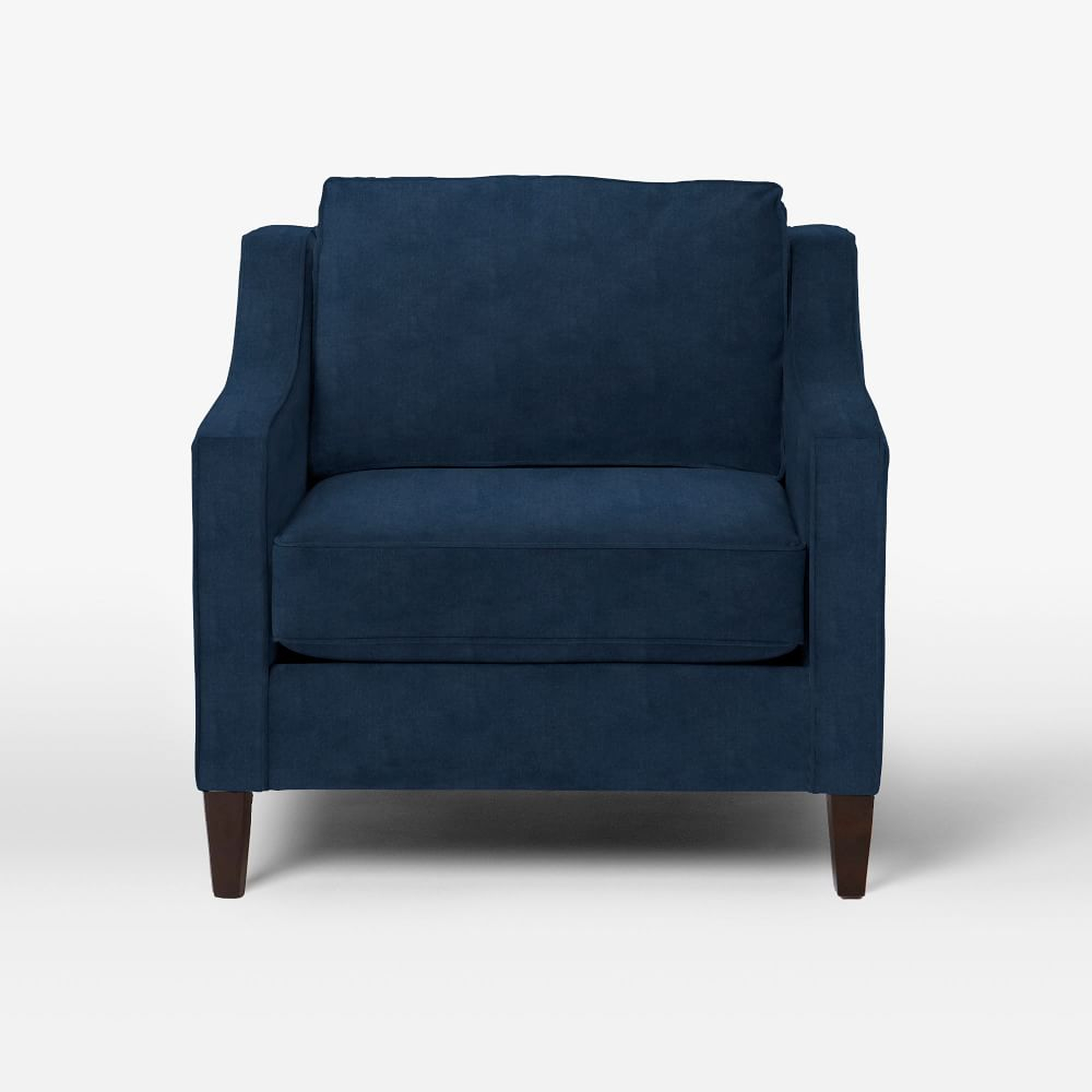 Paidge Chair, Poly Fill, Performance Velvet, Ink Blue, Taper Chocolate Legs - West Elm