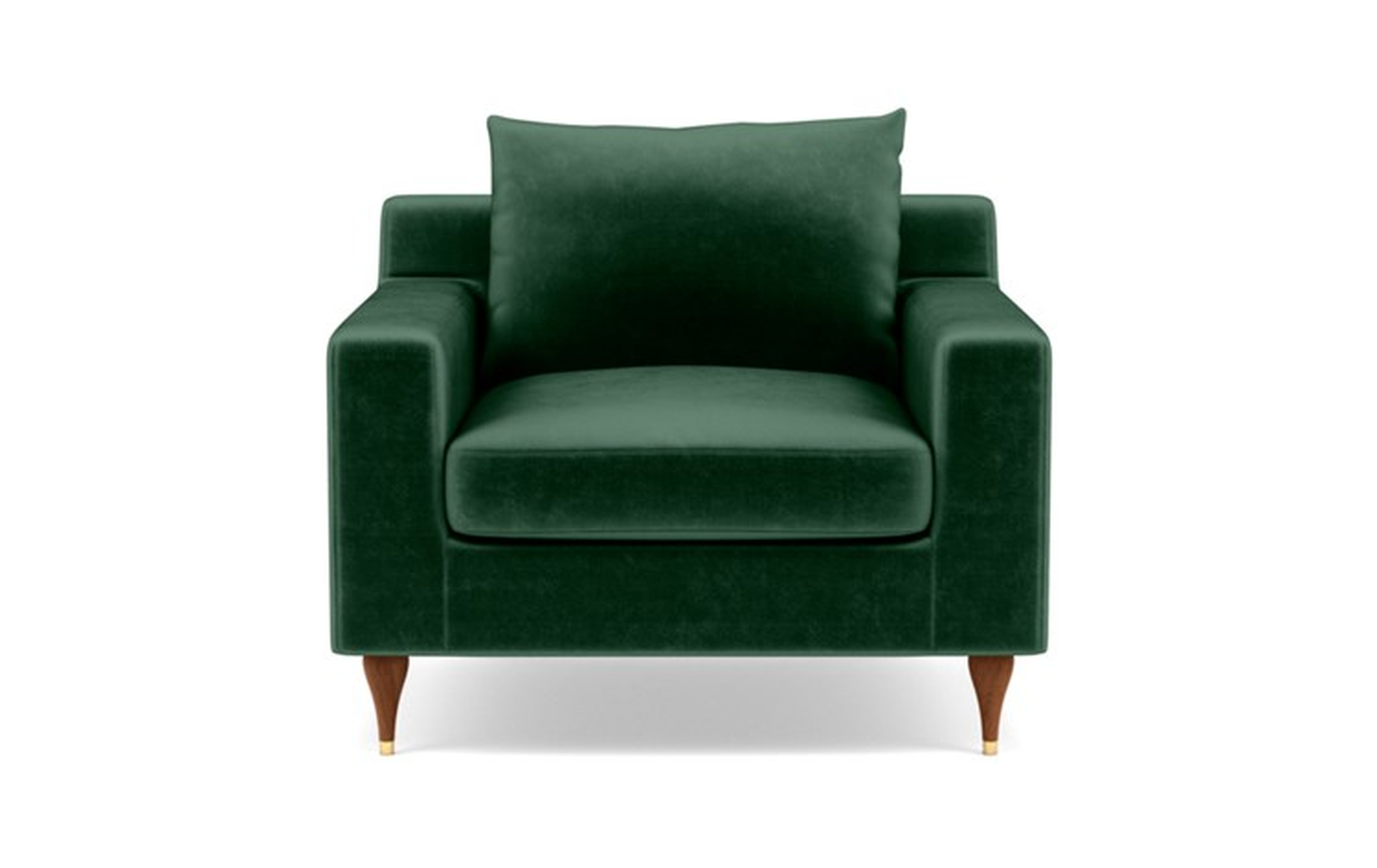 Sloan Accent Chair with Green Malachite Fabric, down alternative cushions, and Oiled Walnut with Brass Cap legs - Interior Define