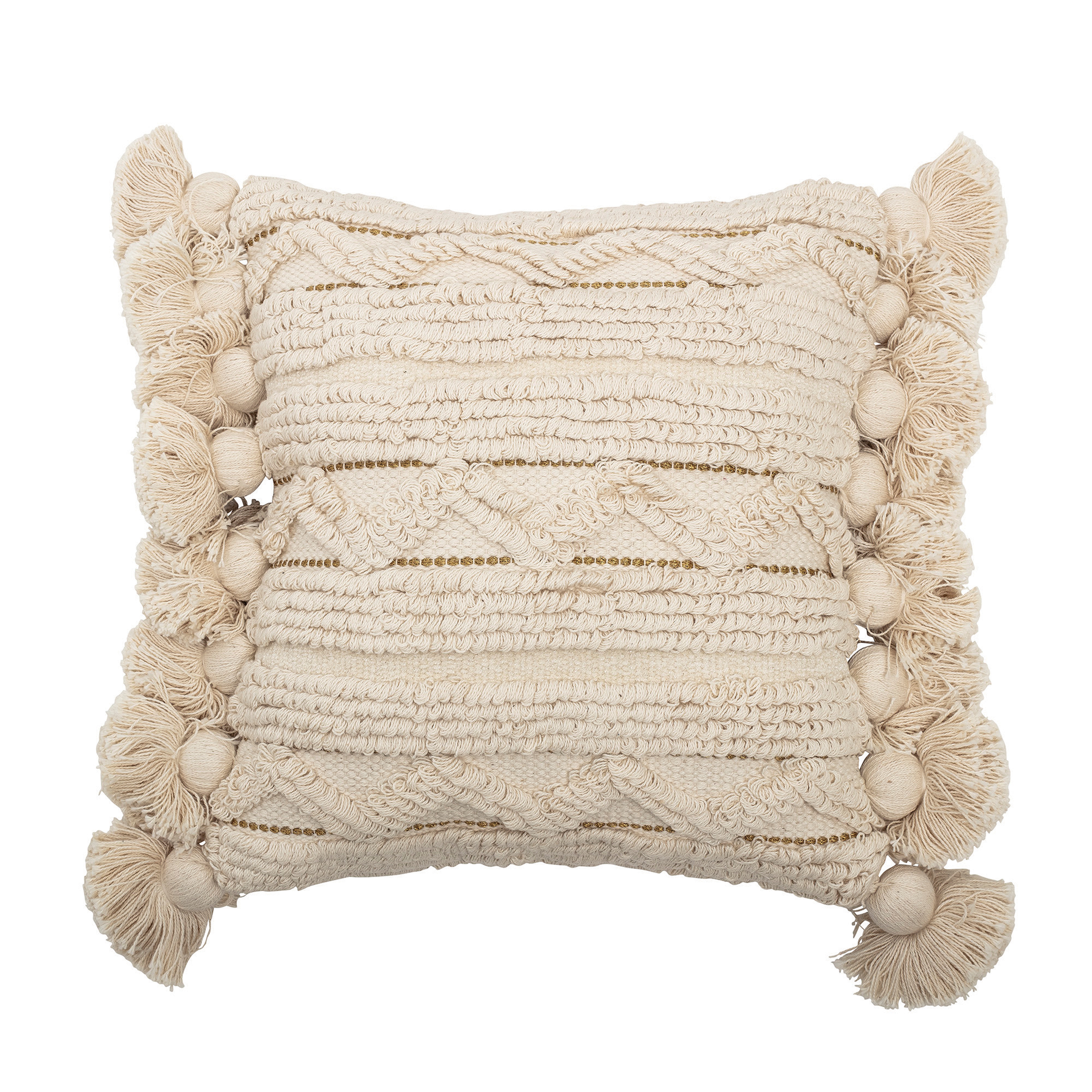 Off-White Cotton Looped Pillow with Gold Metallic Thread Accents, Tassels & Solid Off-White Back - Moss & Wilder