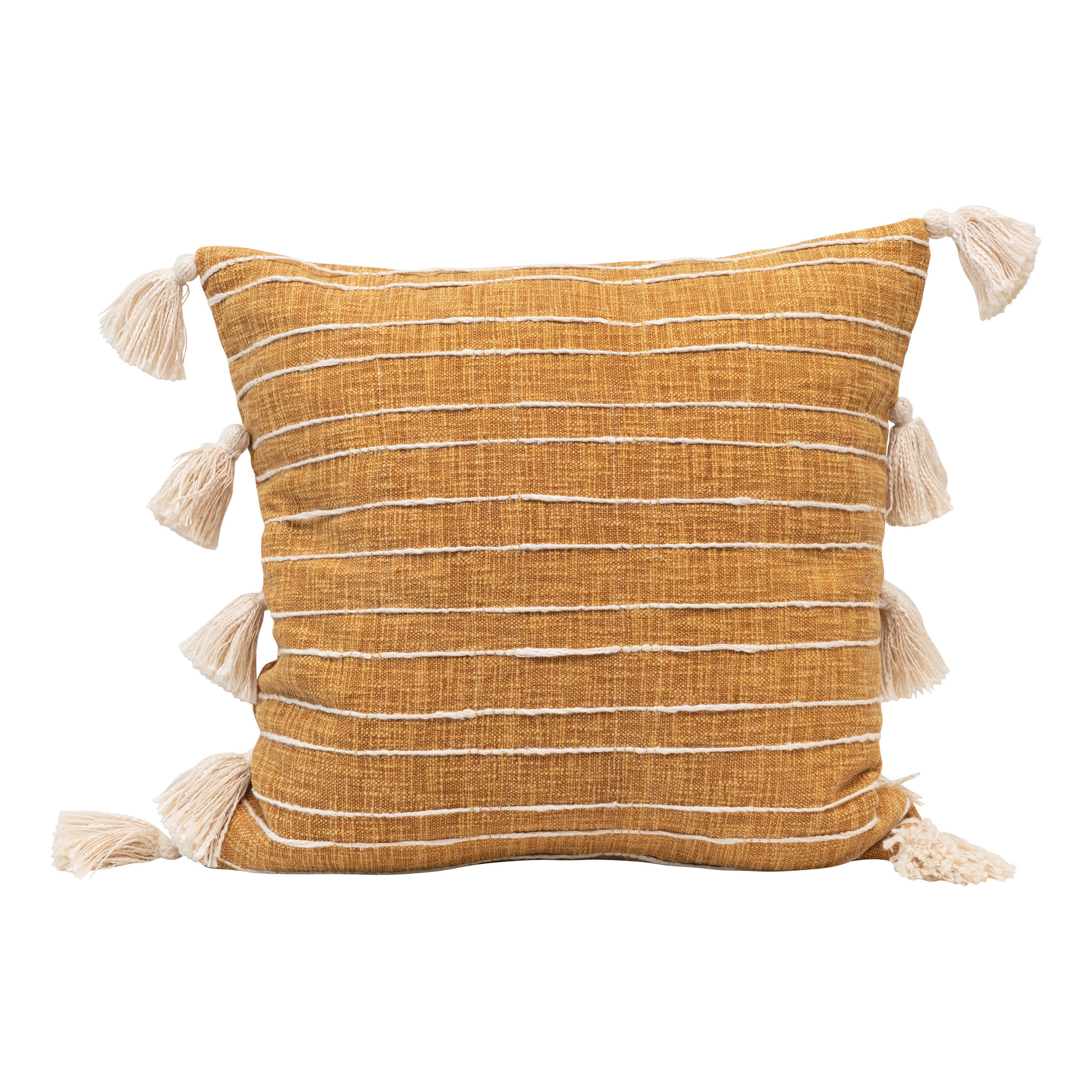 Cotton Woven Pillow with Appliqued Stripes & Tassels, Mustard Color & White - Nomad Home