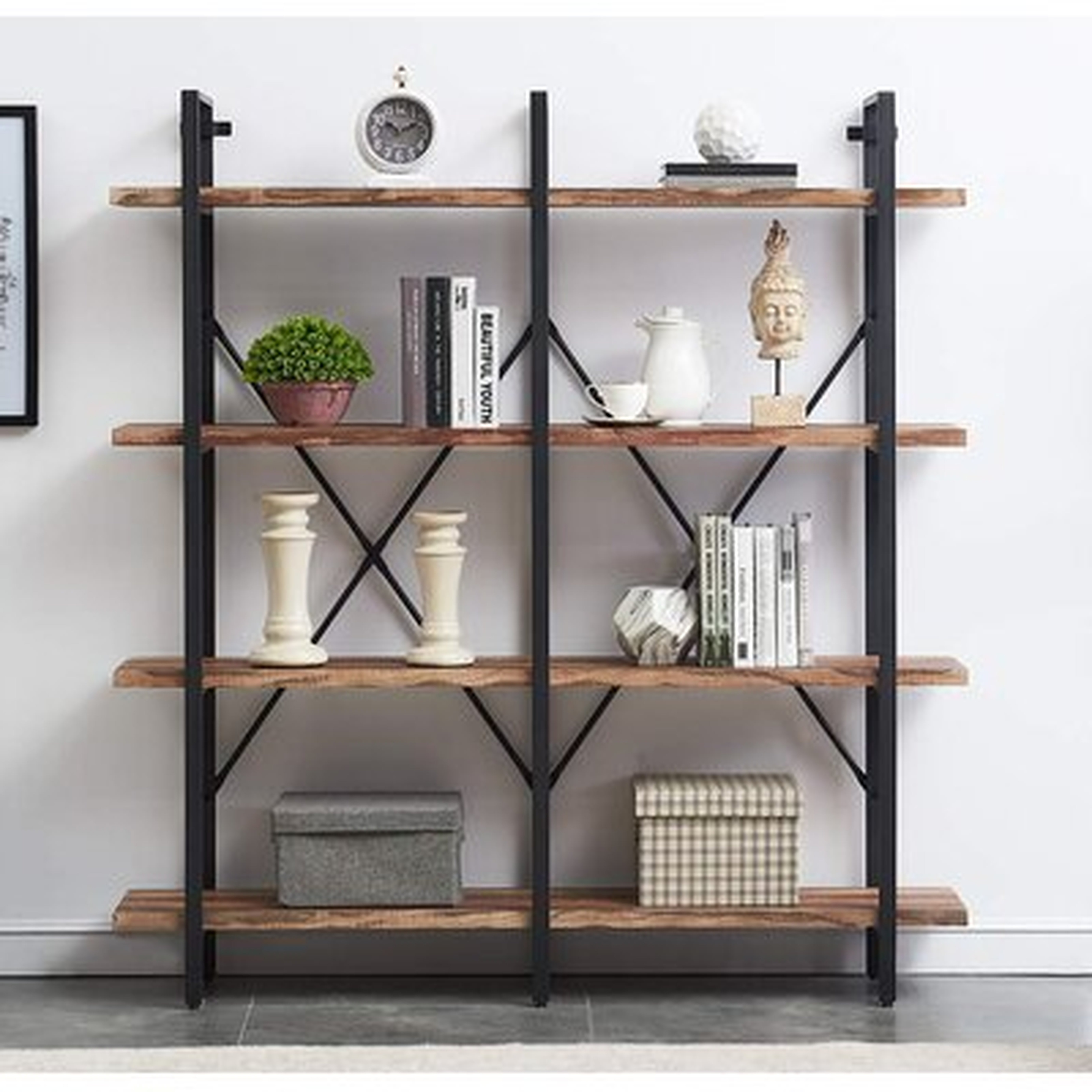 Bookshelf, Double Wide 4-tier Open Bookcase Vintage Industrial Large Shelves, Wood And Metal Etagere Bookshelves, For Home Decor Display, Office Furniture - Wayfair