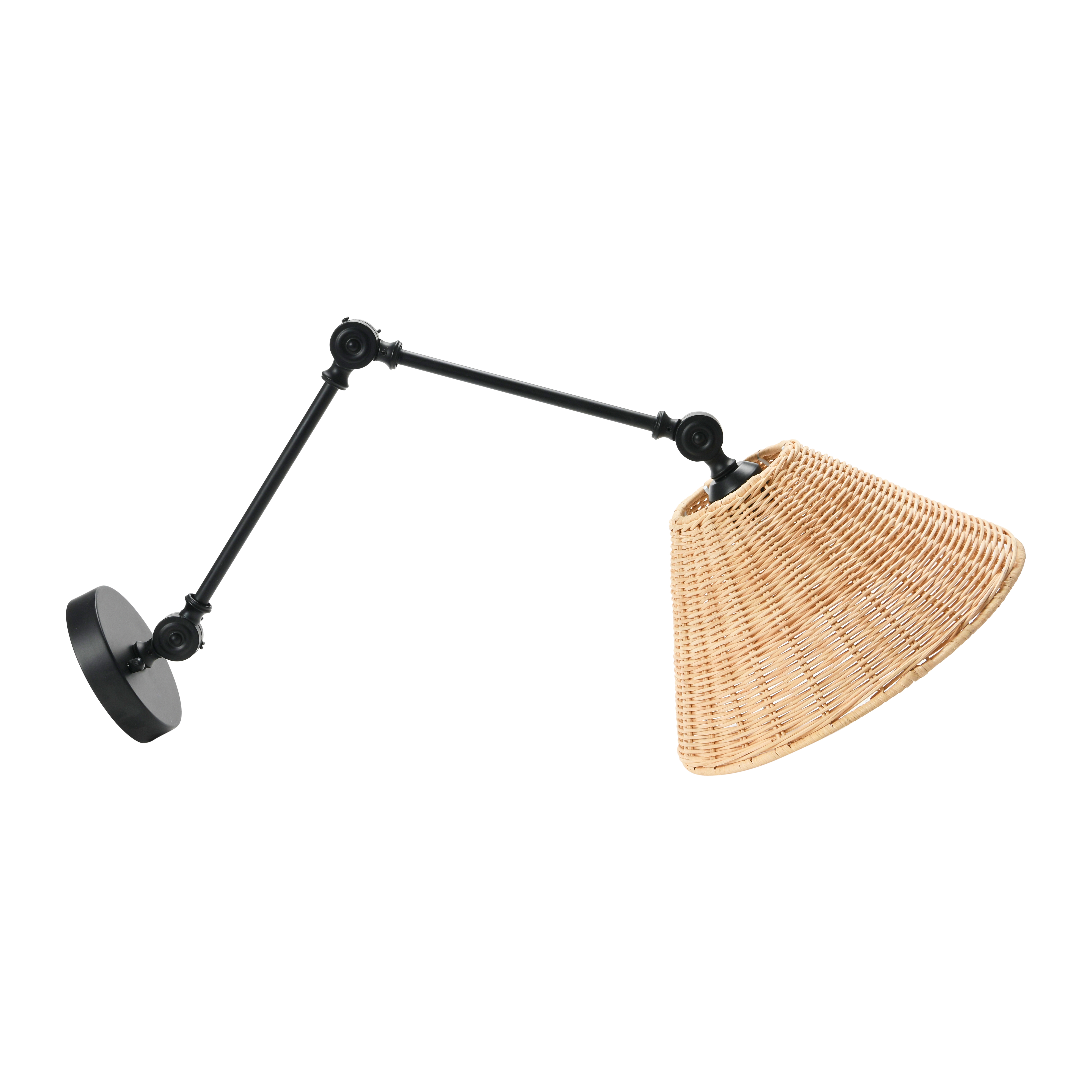 Coastal Adjustable Wall Sconce with Neutral Beige Rattan Shades, Black Metal Finish - Nomad Home