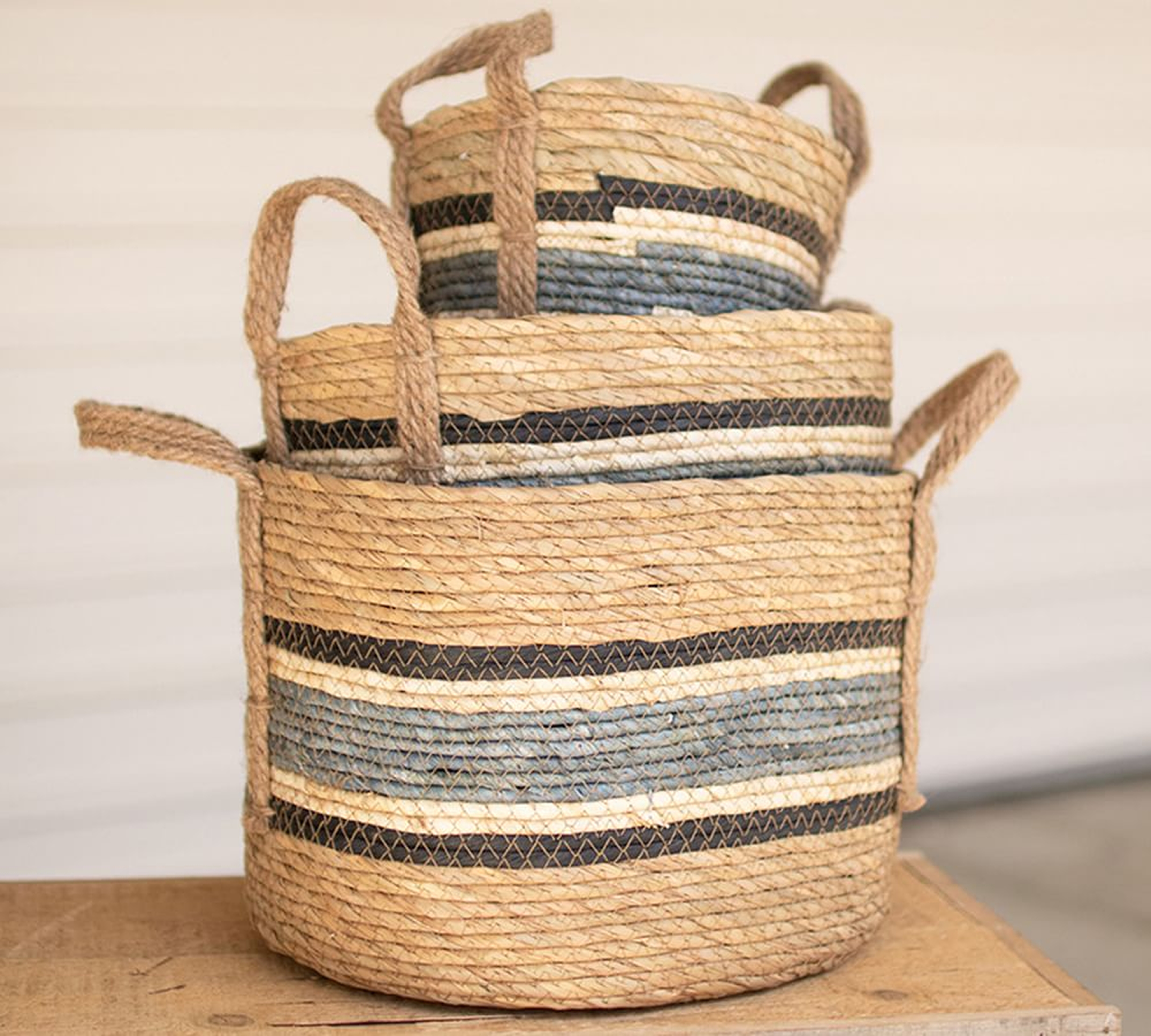 Veyda Striped Handled Baskets, Blue, Set of 3 - Pottery Barn