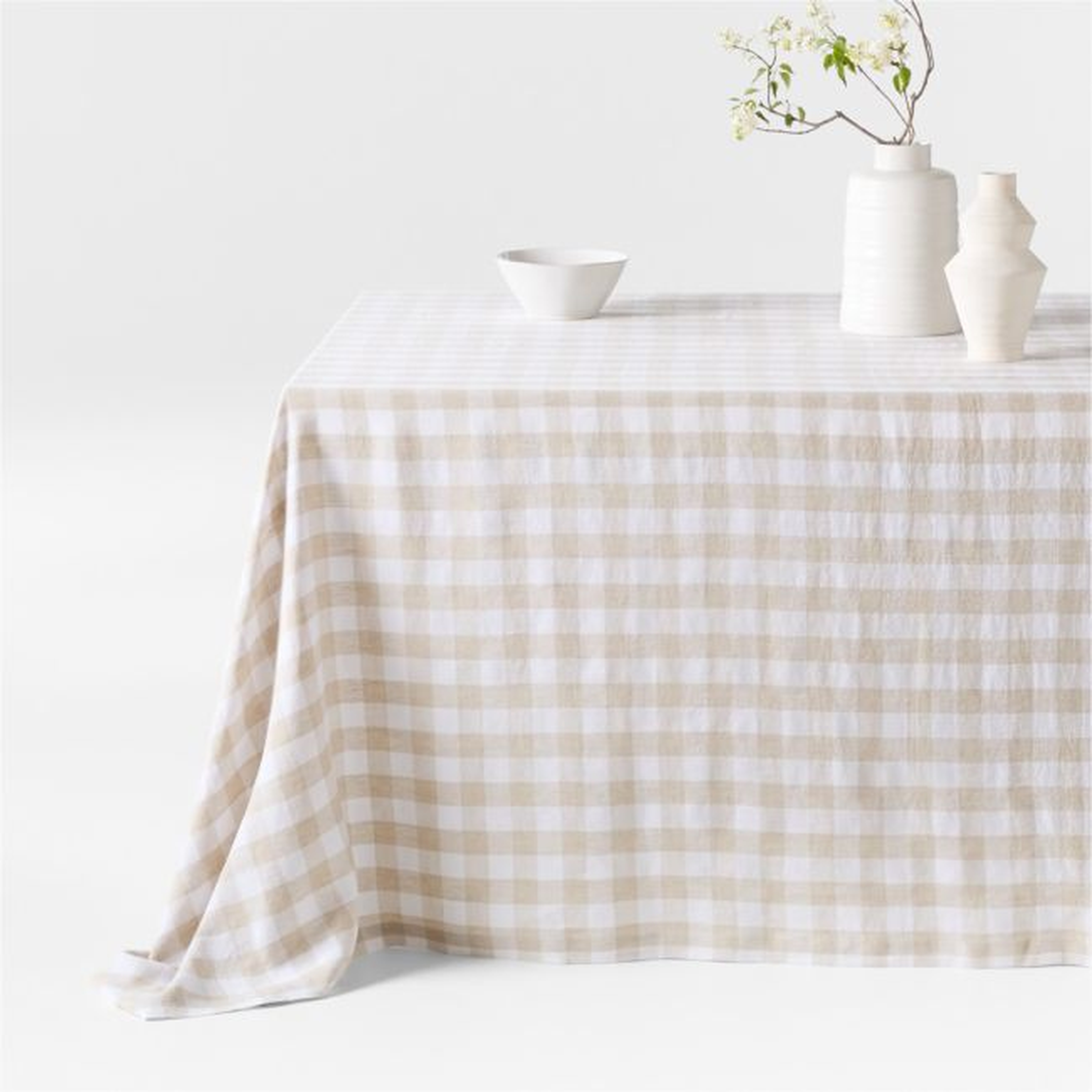 Marin White and Natural Buffalo Check Oversized EUROPEAN FLAX ™-Certified Linen Tablecloth - Crate and Barrel