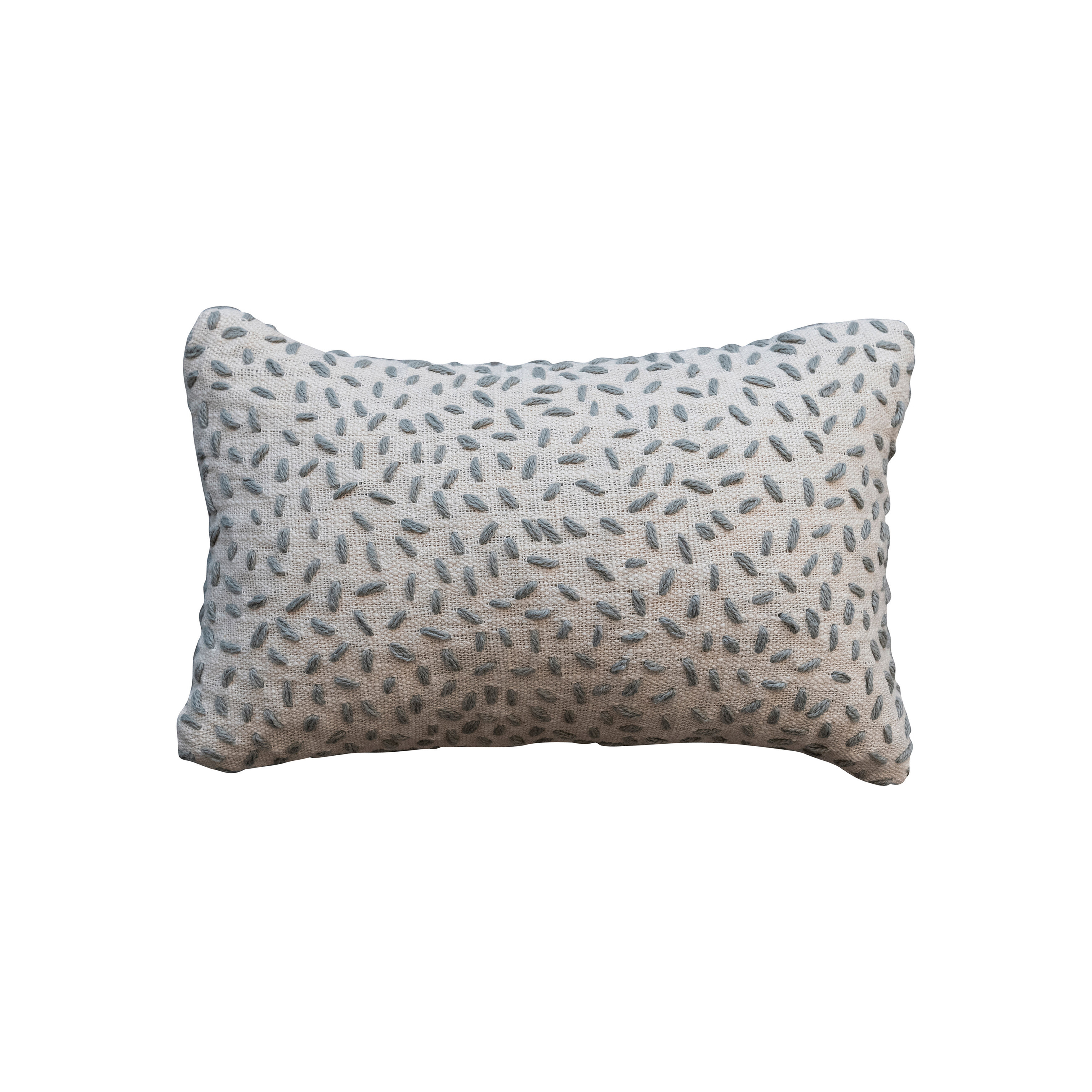 Hand-Embroidered Cotton Kantha Stitch Lumbar Pillow, Natural and Green - Creative Co-Op