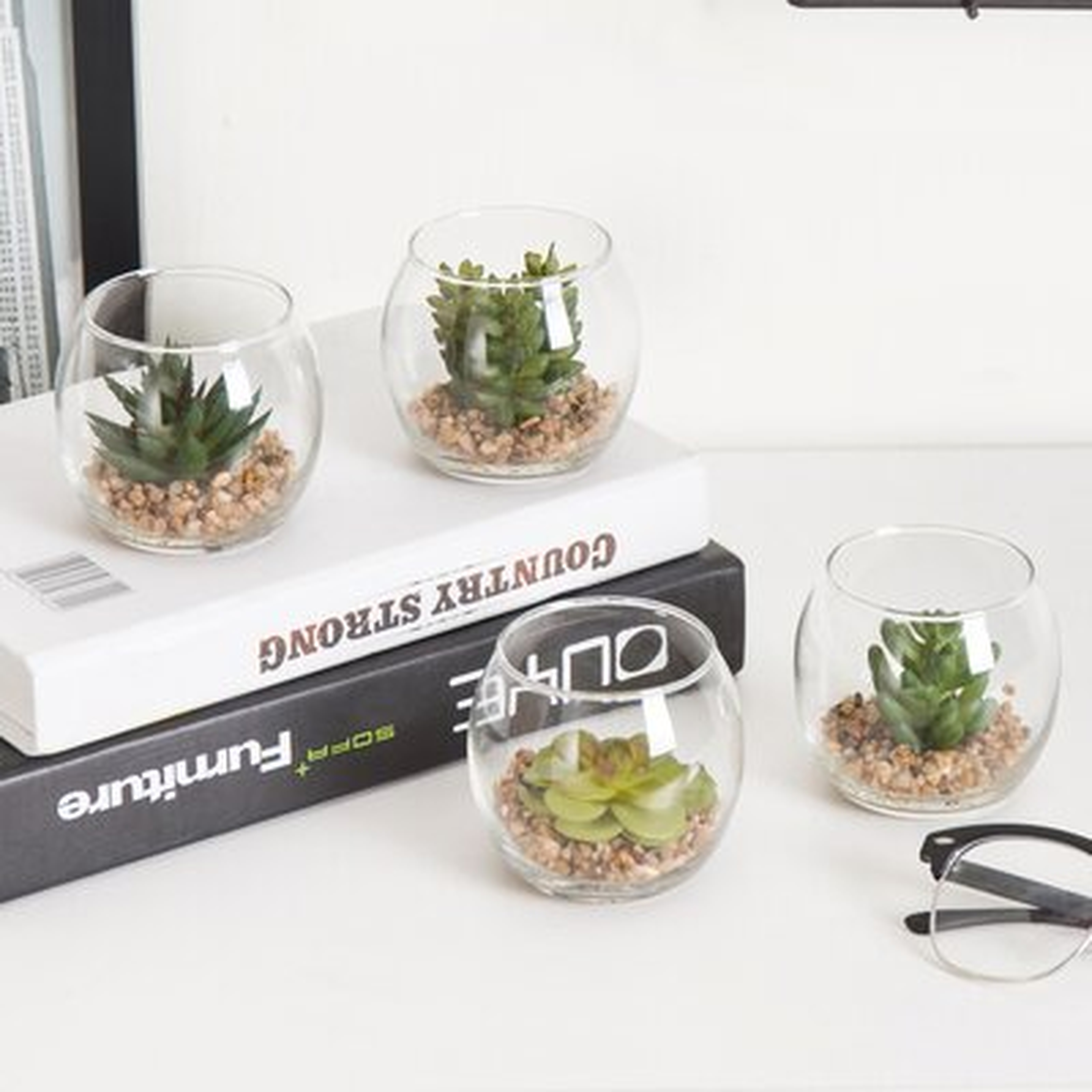 4-Piece Faux Succulent Desktop Plant In Glass Vase Set - Wayfair