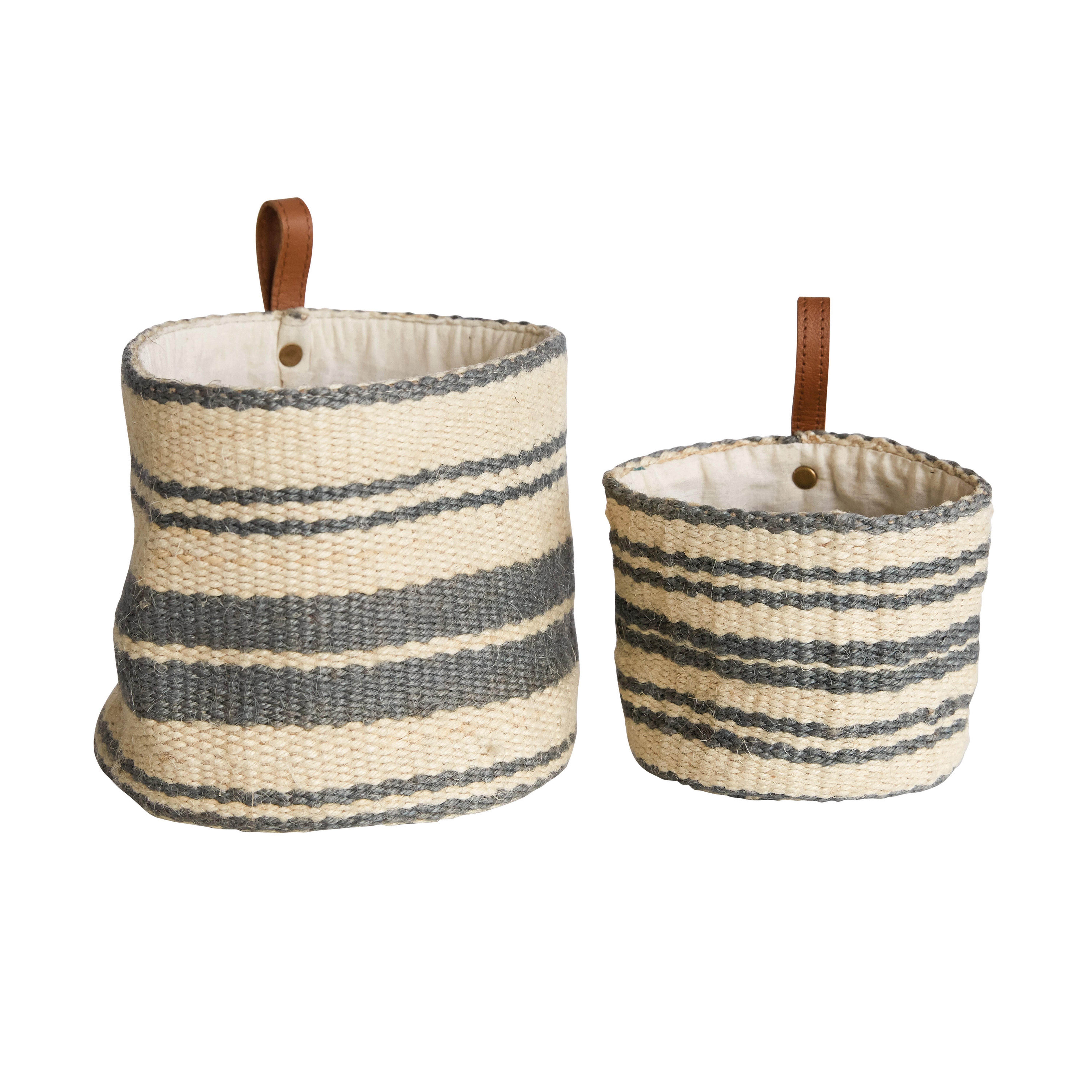 Cream & Blue Striped Jute Wall Baskets with Leather Loops (Set of 2 Sizes) - Nomad Home