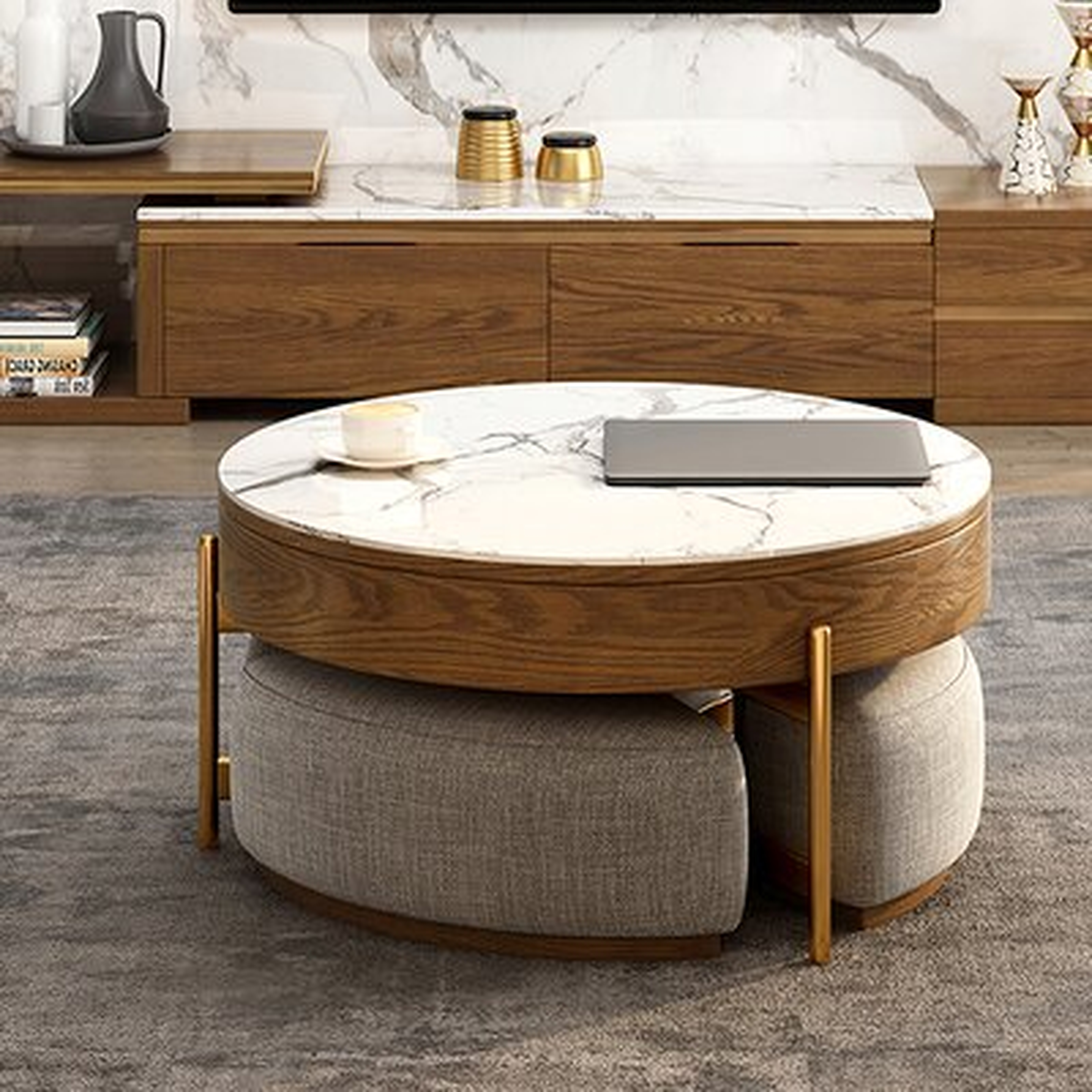 Bulverde Lift Top Extendable Frame Coffee Table with Storage 3 Stools, Stainless Steel Legs - Wayfair