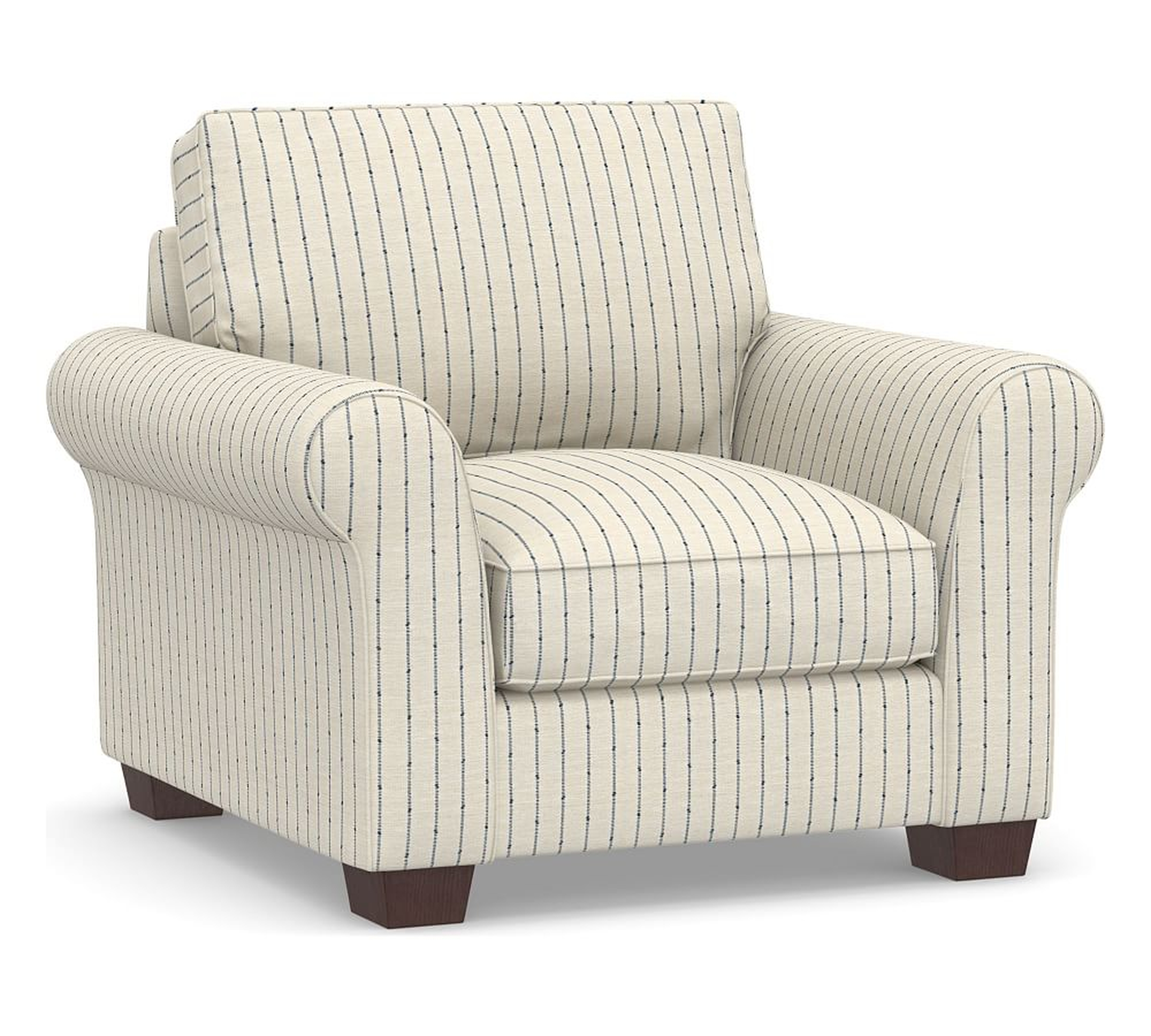PB Comfort Roll Arm Upholstered Armchair 40", Box Edge Memory Foam Cushions, Slubby Pinstripe Blue - Pottery Barn