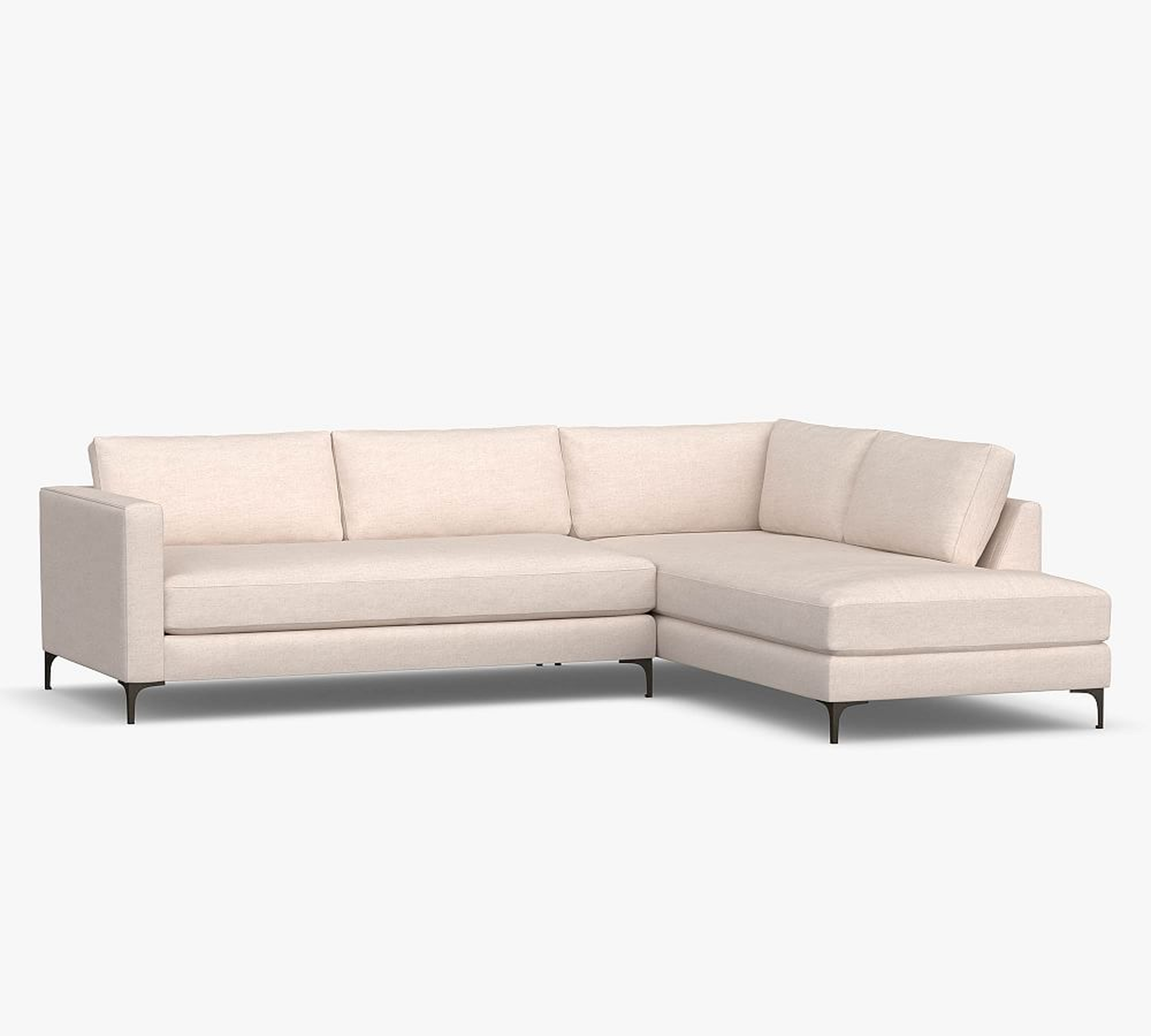 Jake Upholstered Left Sofa Return Bumper Sectional 2X1, Bench Cushion, Bronze Legs, Polyester Wrapped Cushions, Performance Boucle Oatmeal - Pottery Barn