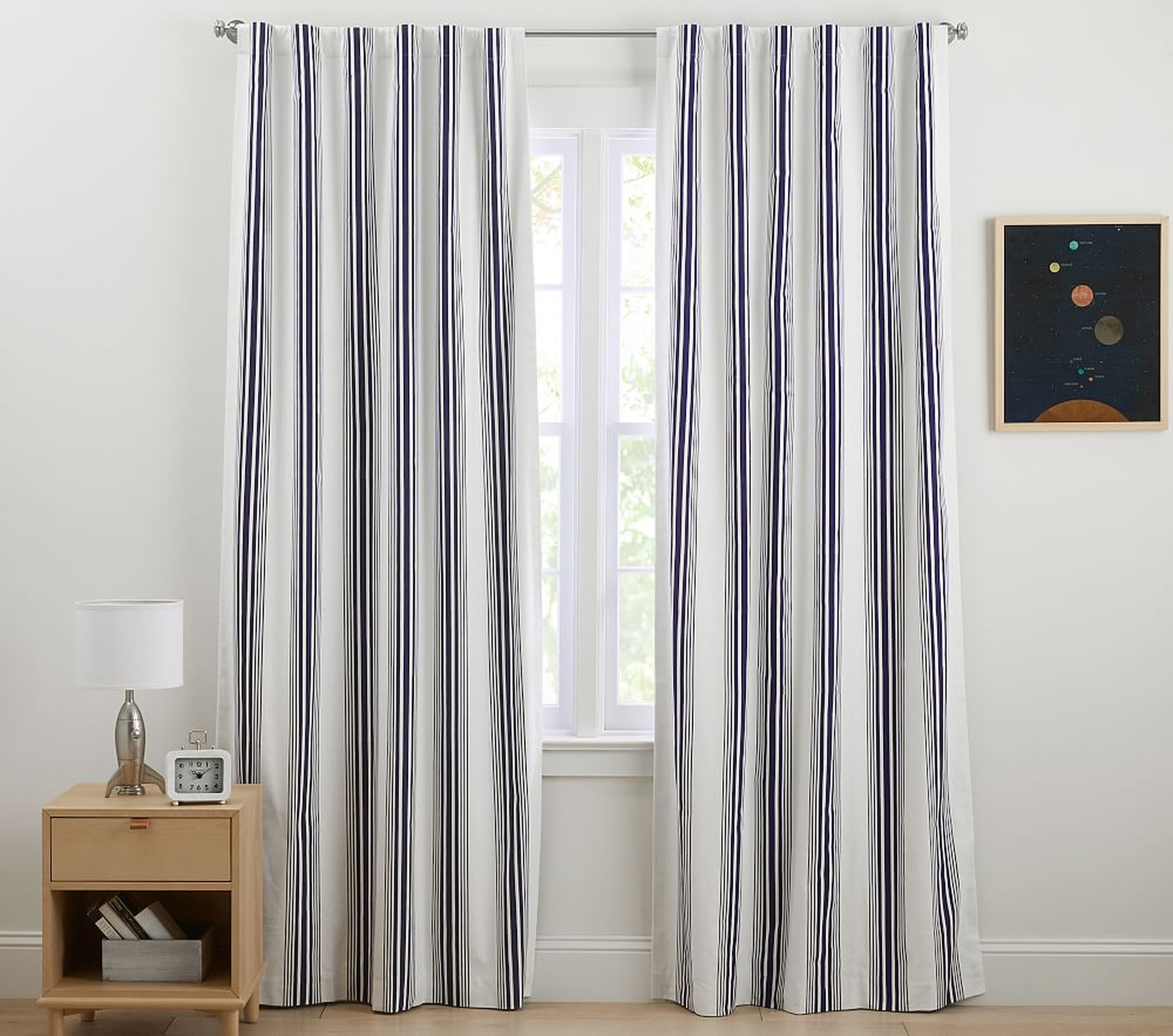 Ian Classic Stripe Blackout Curtain, 84 Inches, Navy, Set of 2 - Pottery Barn Kids