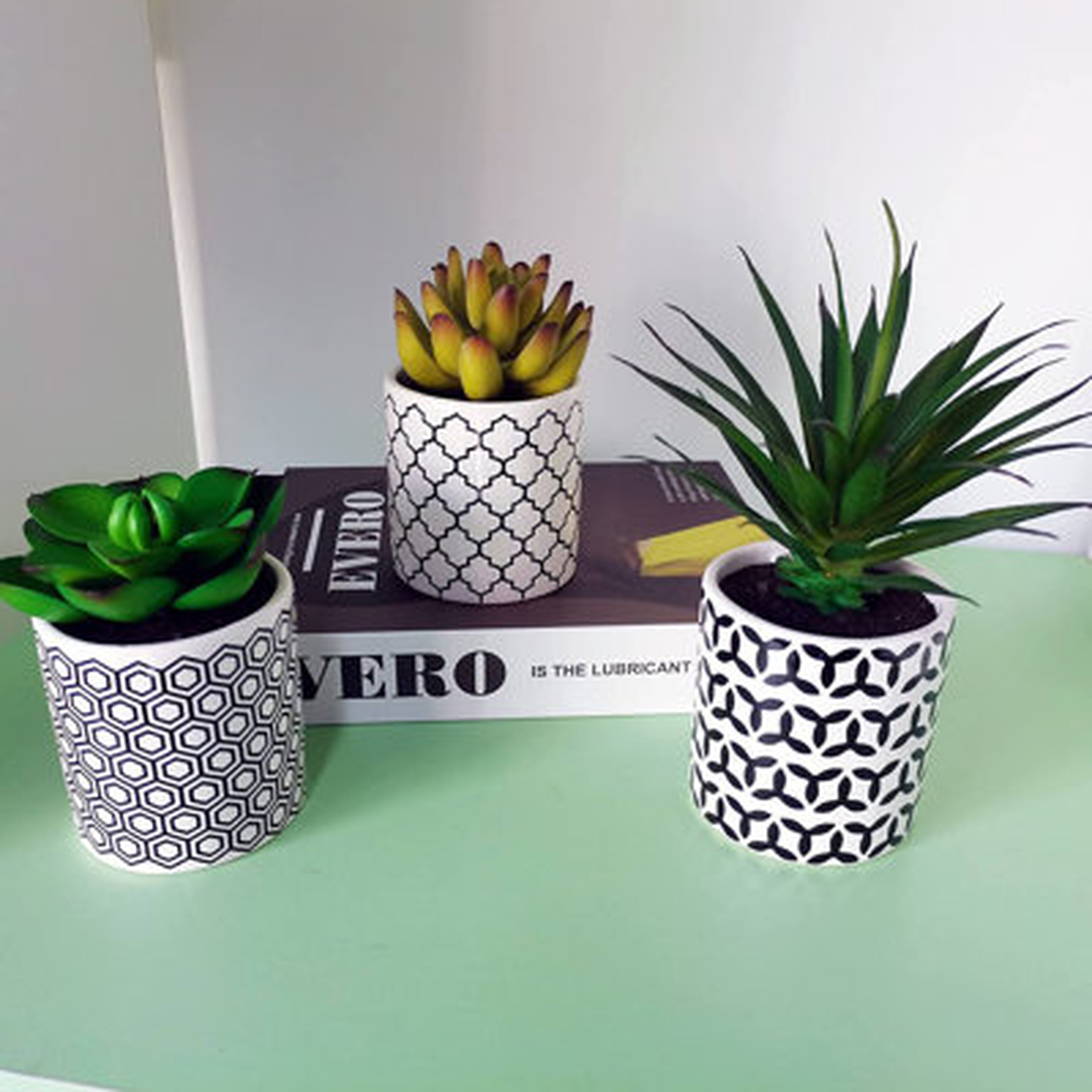 Artificial Succulent Potted Plants Decoration - Set Of 3 Tile Pattern Black And White Ceramic Faux Plants For Home Kitchen Office Bathroom Desk Bedroom Shelf Decor - Wayfair