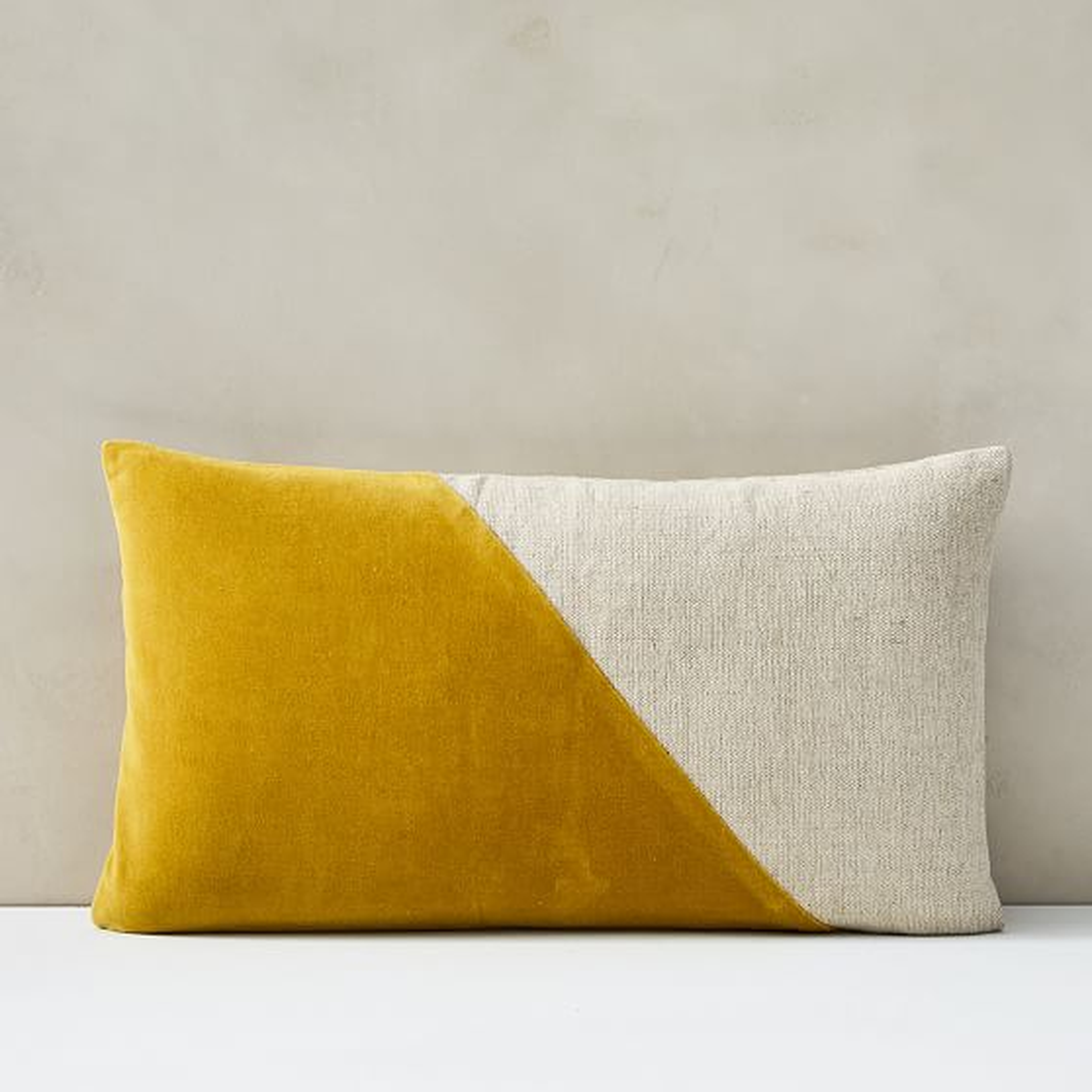 Cotton Linen + Velvet Lumbar Pillow Cover with Down Insert, Dark Horseradish, 12"x21" - West Elm