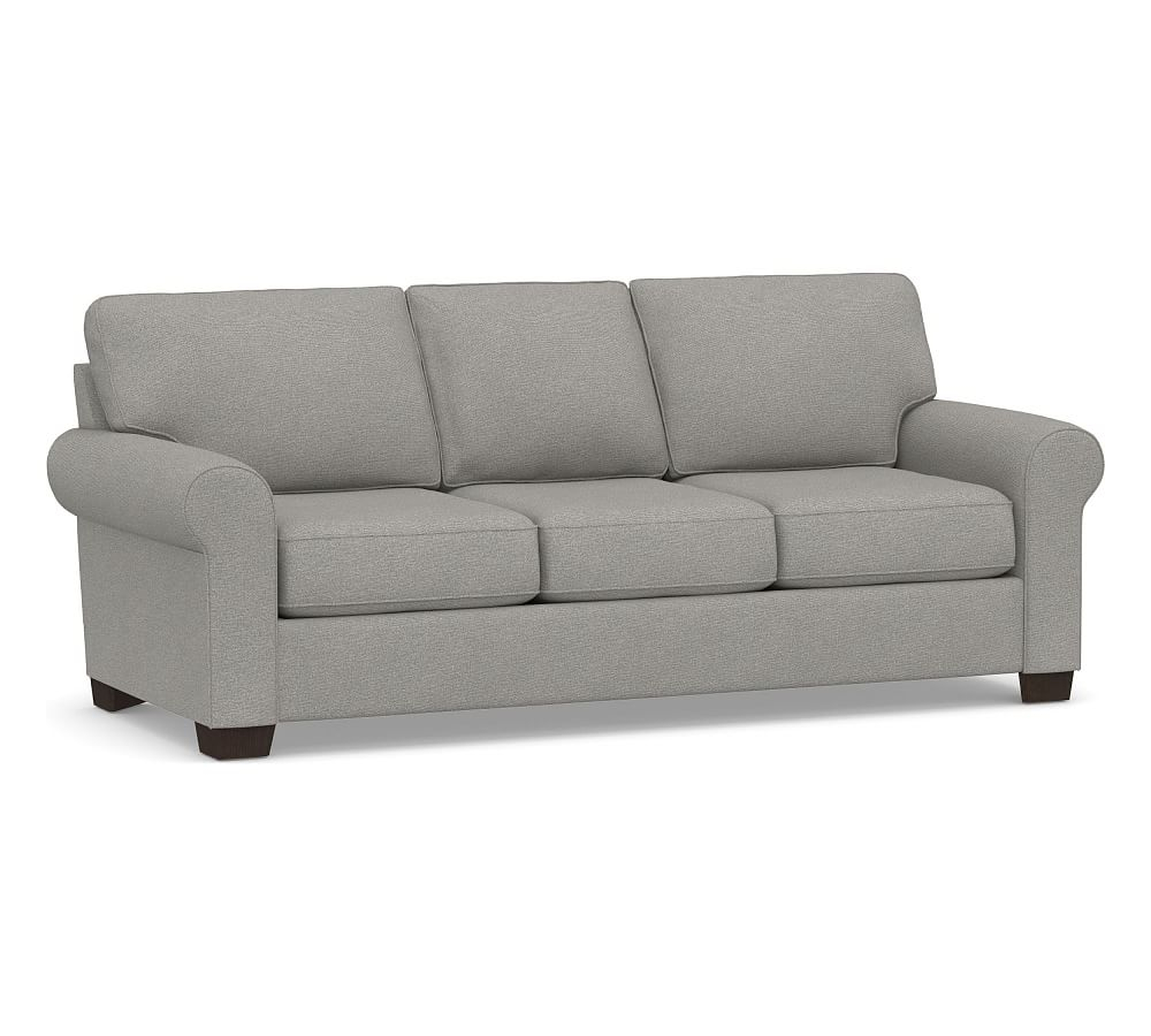 Buchanan Roll Arm Upholstered Sofa 87", Polyester Wrapped Cushions, Performance Heathered Basketweave Platinum - Pottery Barn