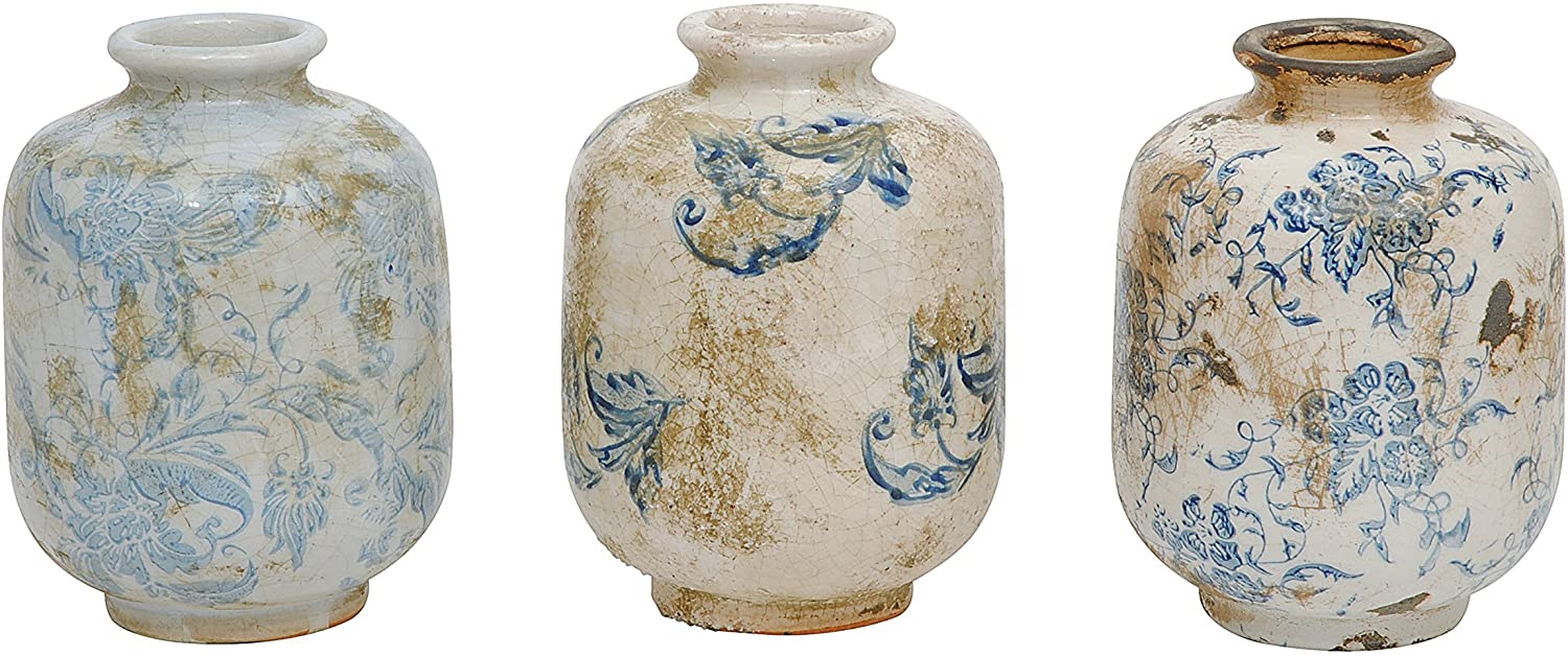 Blue & White Decorative Terracotta Vases with Heavy Distressing (Set of 3 Designs) - Creative Co-Op