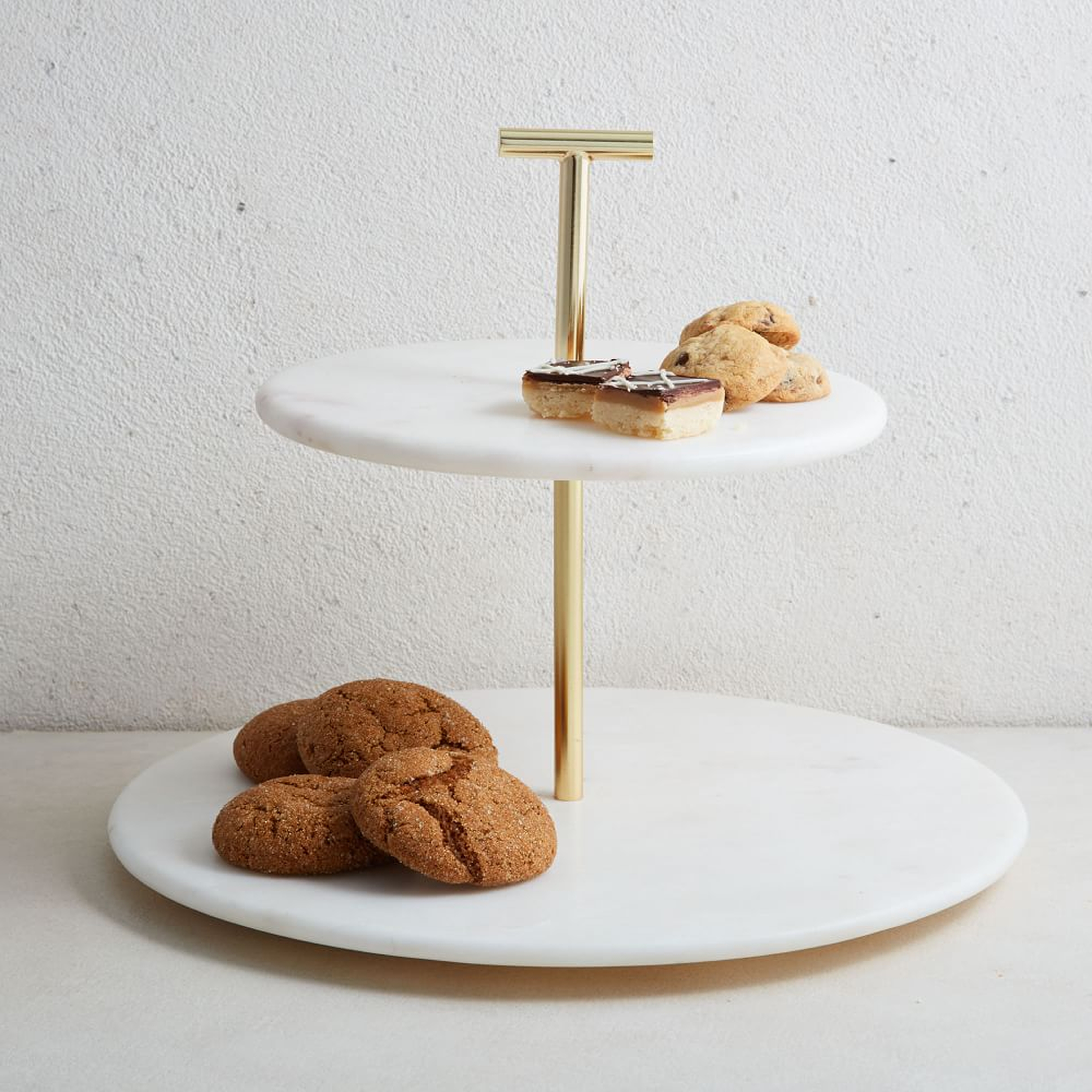 Marble + Brass 2-Tier Cake Stand, White/Gold - West Elm