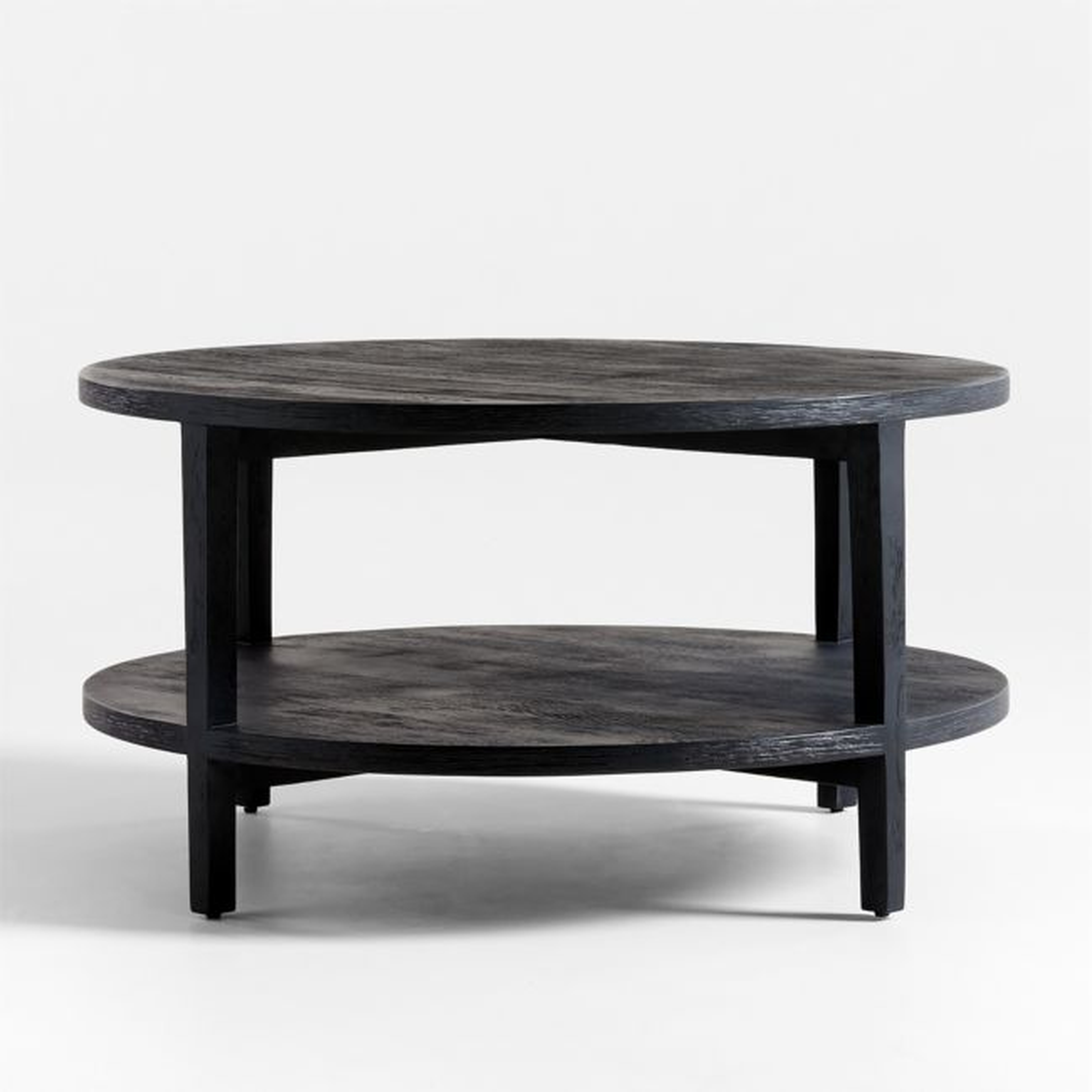 Clairemont Ebonized Oak Wood 36" Round Coffee Table with Shelf - Crate and Barrel