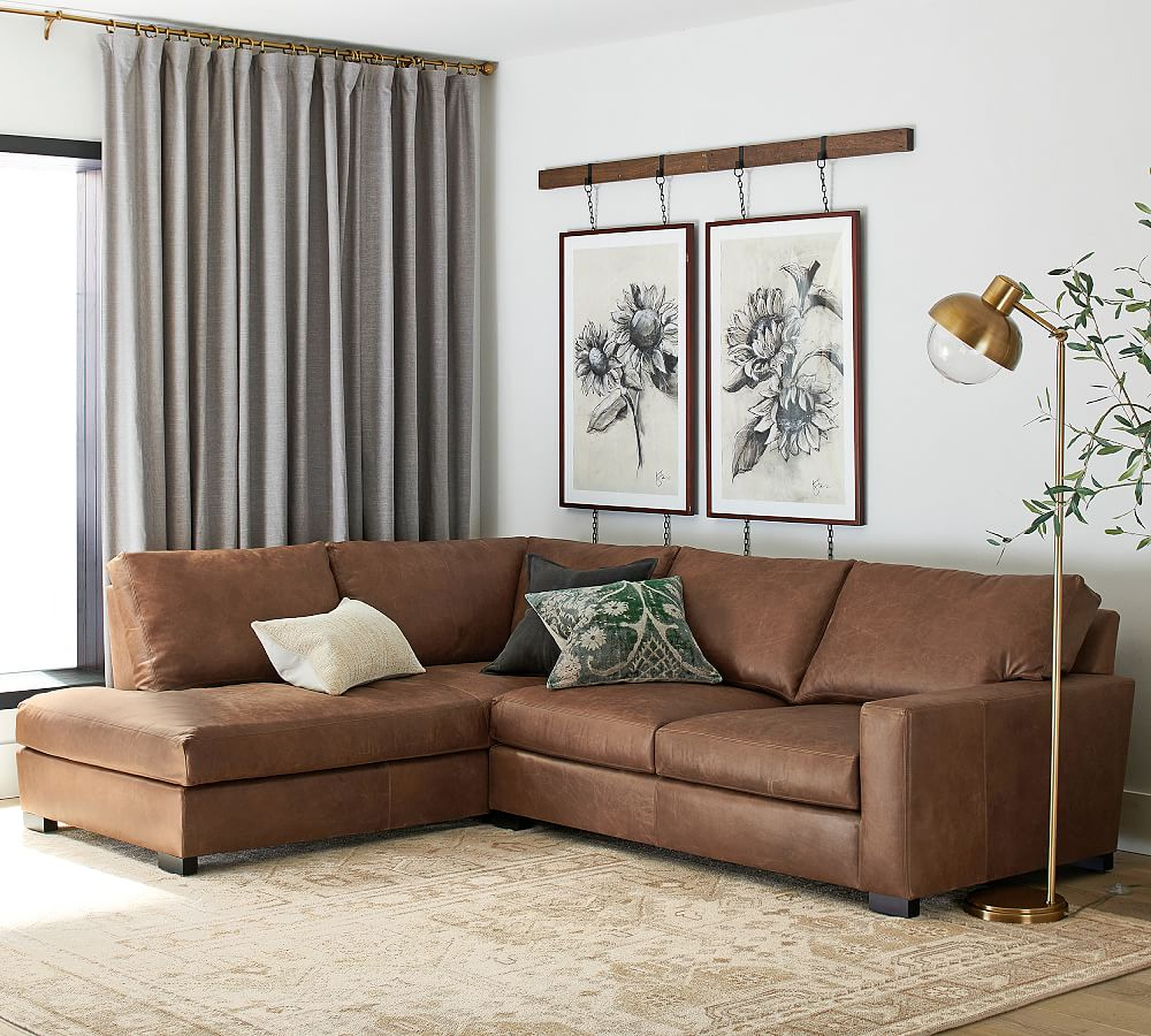 Turner Square Arm Leather Right Loveseat Return Bumper Sectional without Nailheads, Down Blend Wrapped Cushions, Statesville Molasses - Pottery Barn