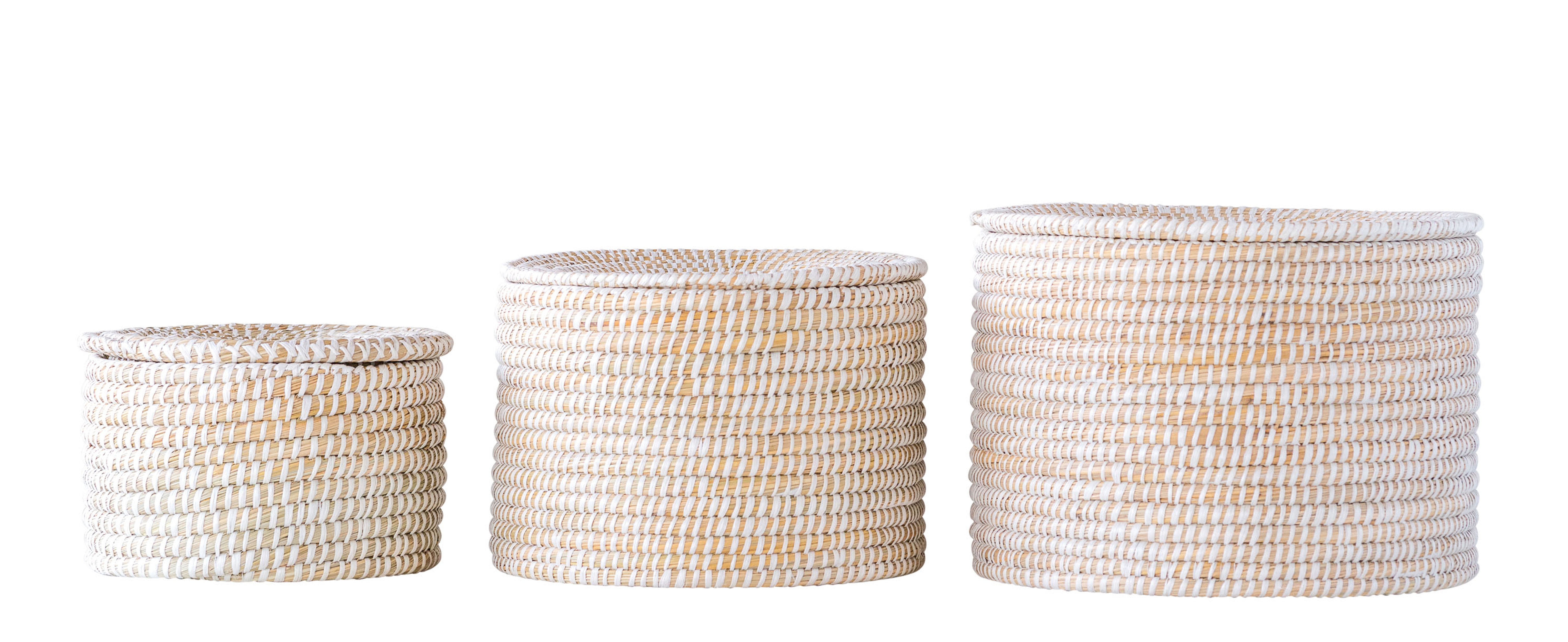 Whitewashed Woven Seagrass Baskets with Lids (Set of 3 Sizes) - Nomad Home