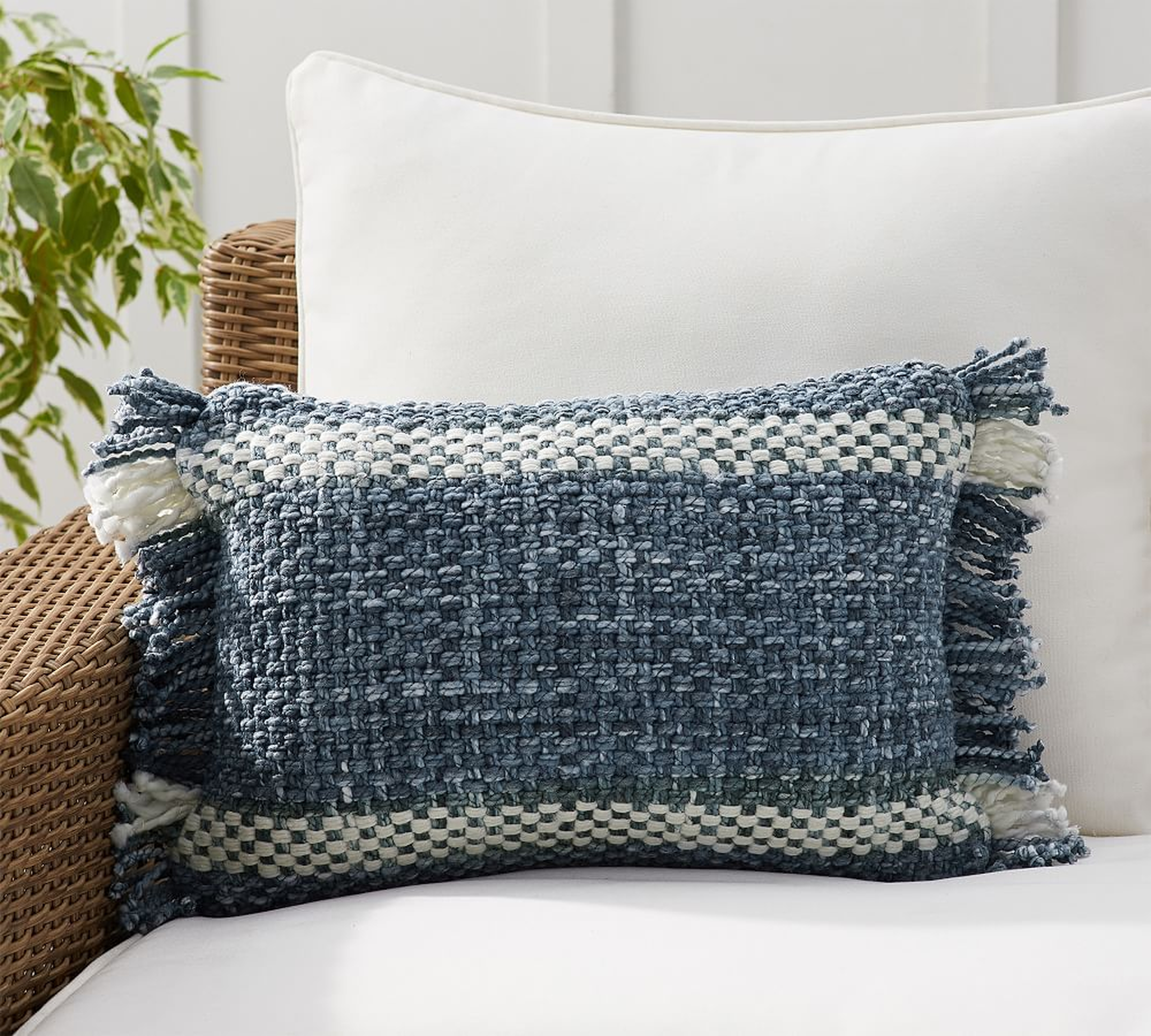 Ixora Eco-Friendly Textured Indoor/Outdoor Lumbar Pillow, 14 x 20", Navy - Pottery Barn
