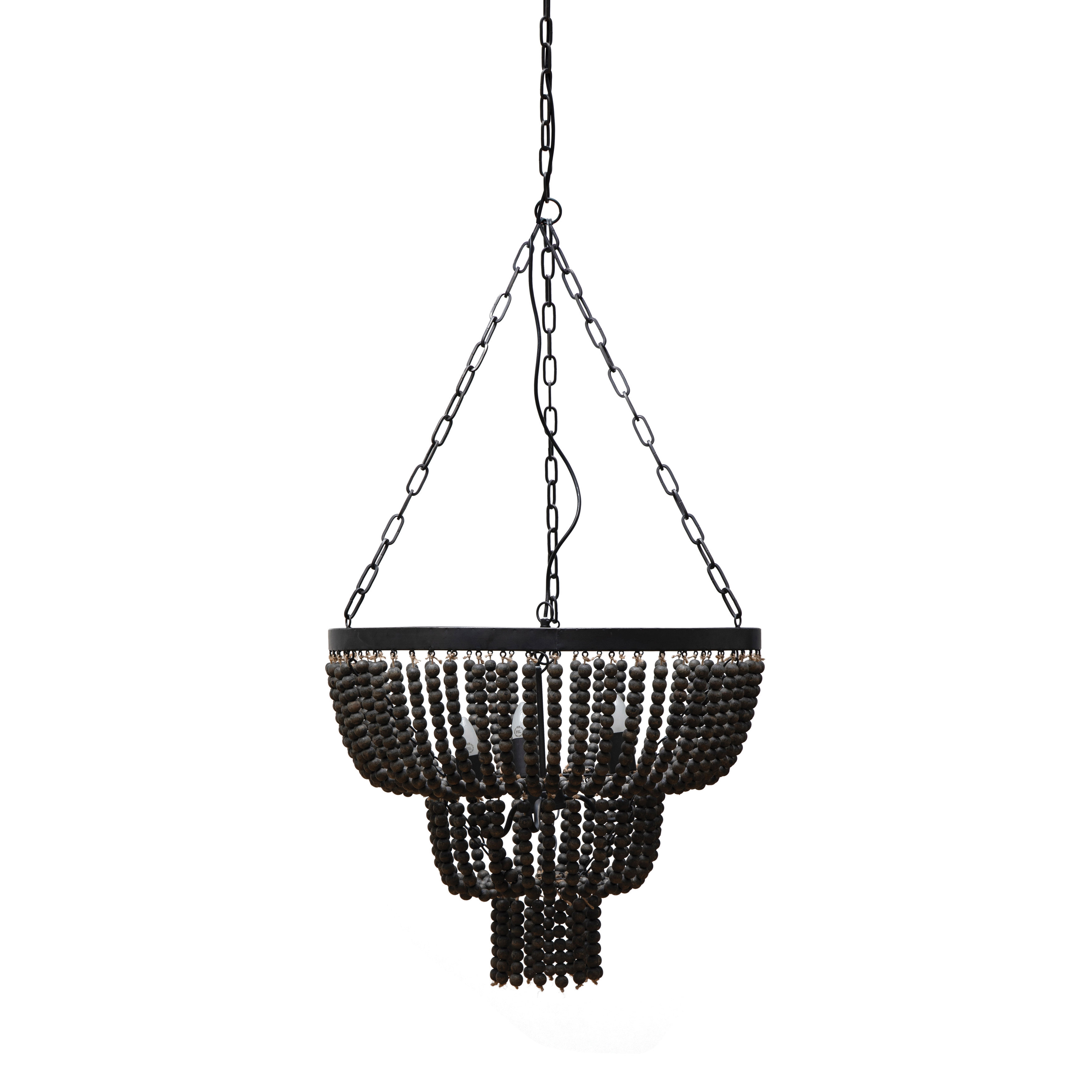 Nomad Home DF4150 Rustic Boho Wood Beaded Chandelier, 3 Bulb Beaded Light Fixture, Matte Black - Creative Co-Op
