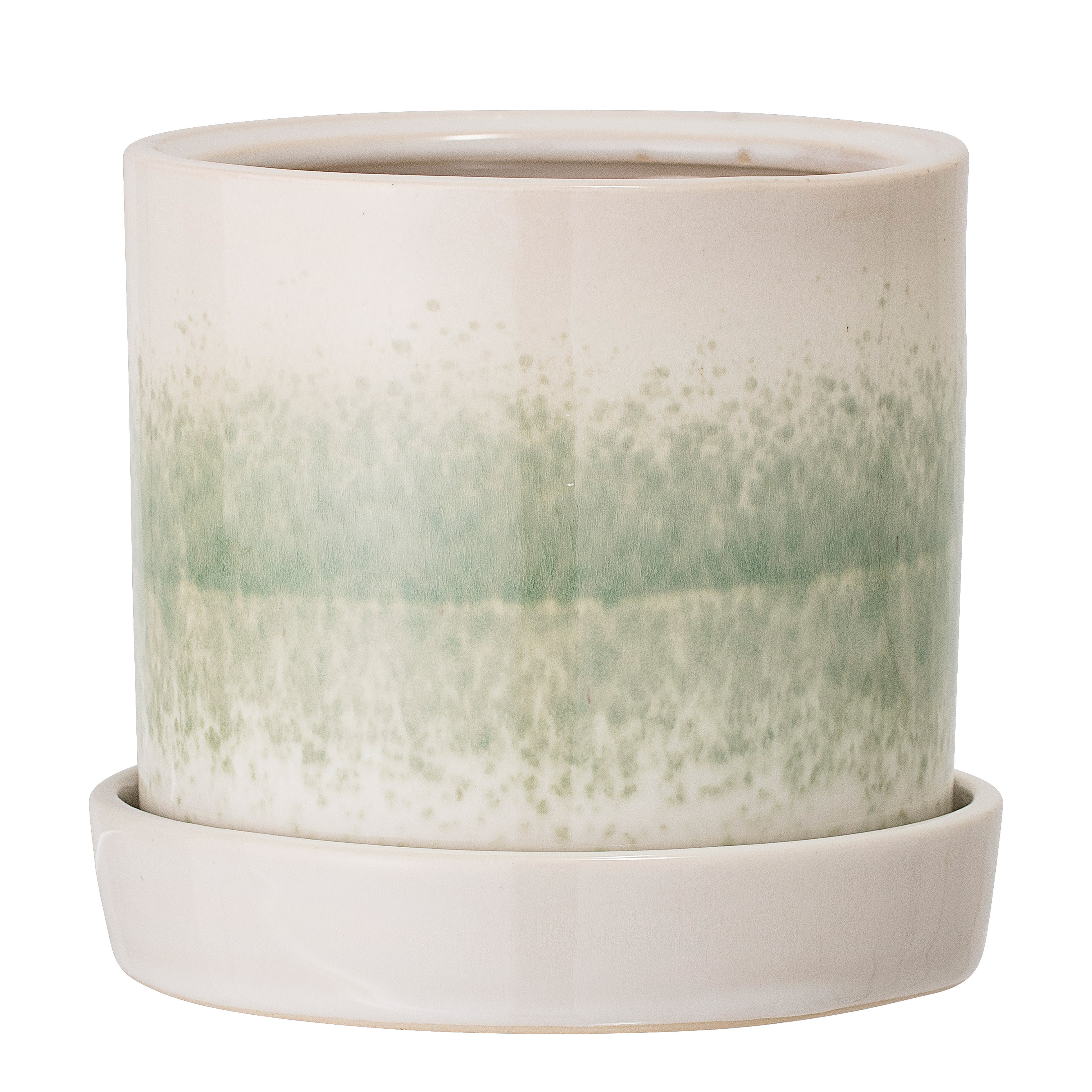 Round White & Green Stoneware Flower Pot with Saucer - Moss & Wilder