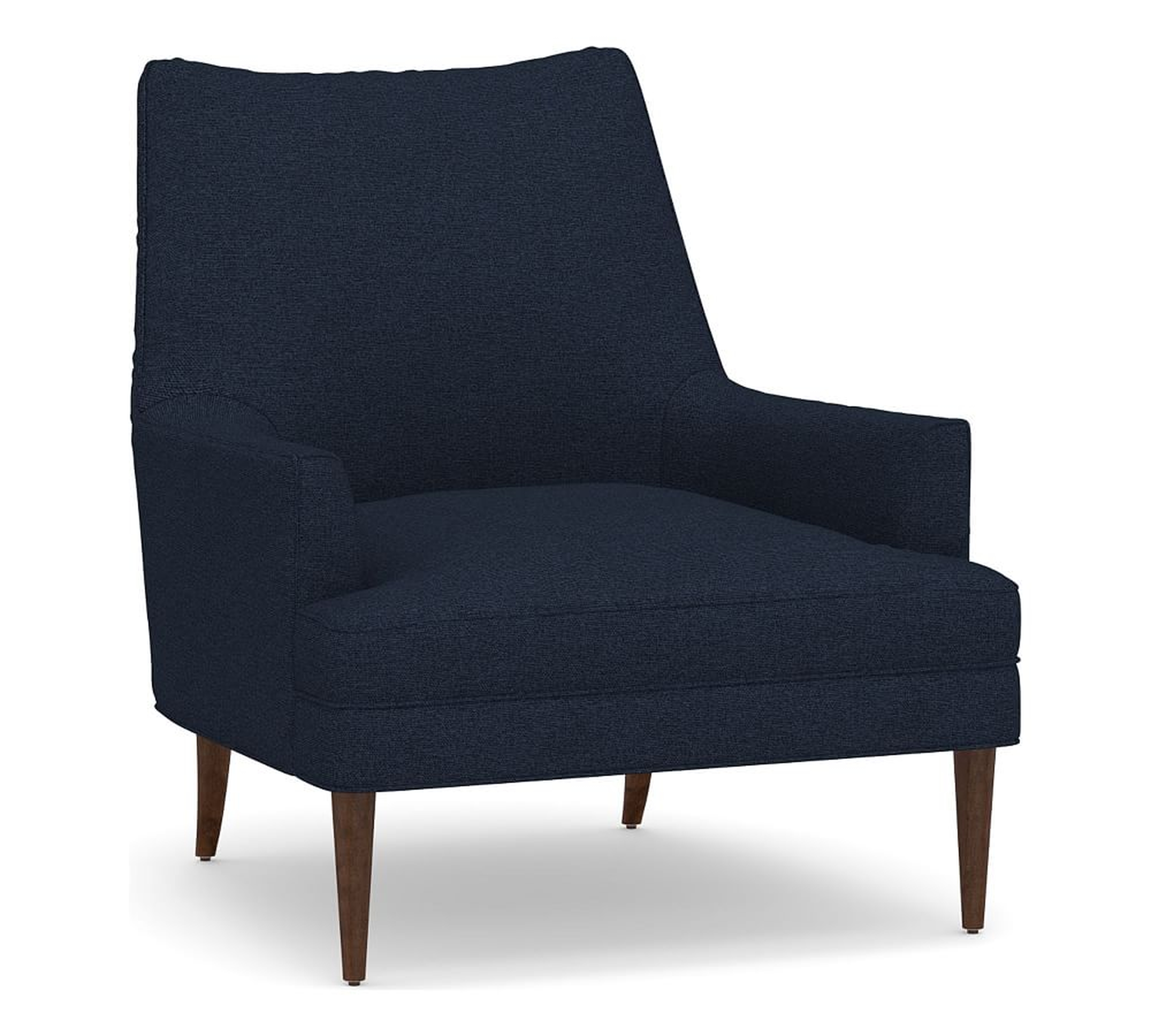 Reyes Upholstered Armchair, Polyester Wrapped Cushions, Performance Heathered Basketweave Navy - Pottery Barn