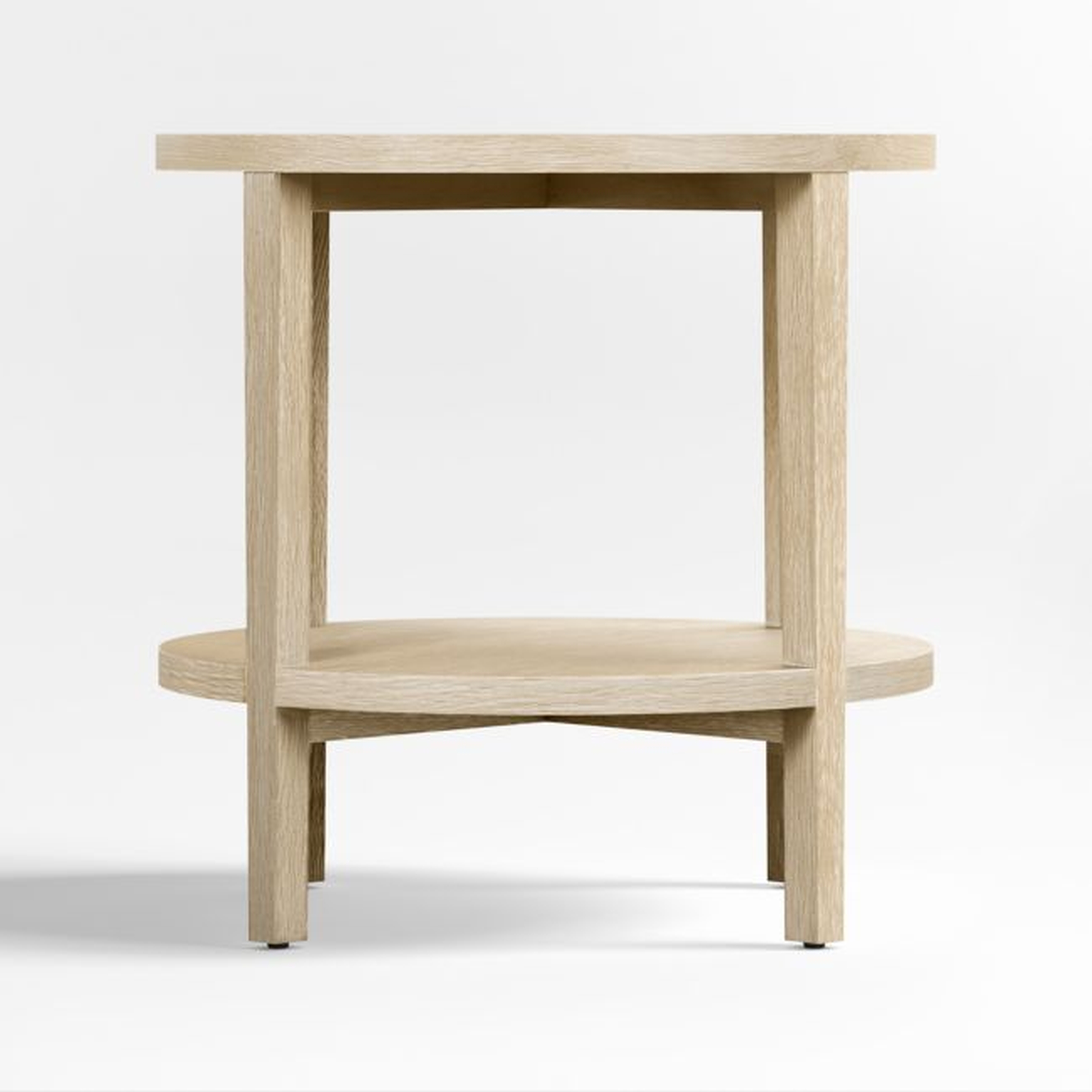 Clairemont Natural Oak Wood Round End Table with Shelf - Crate and Barrel