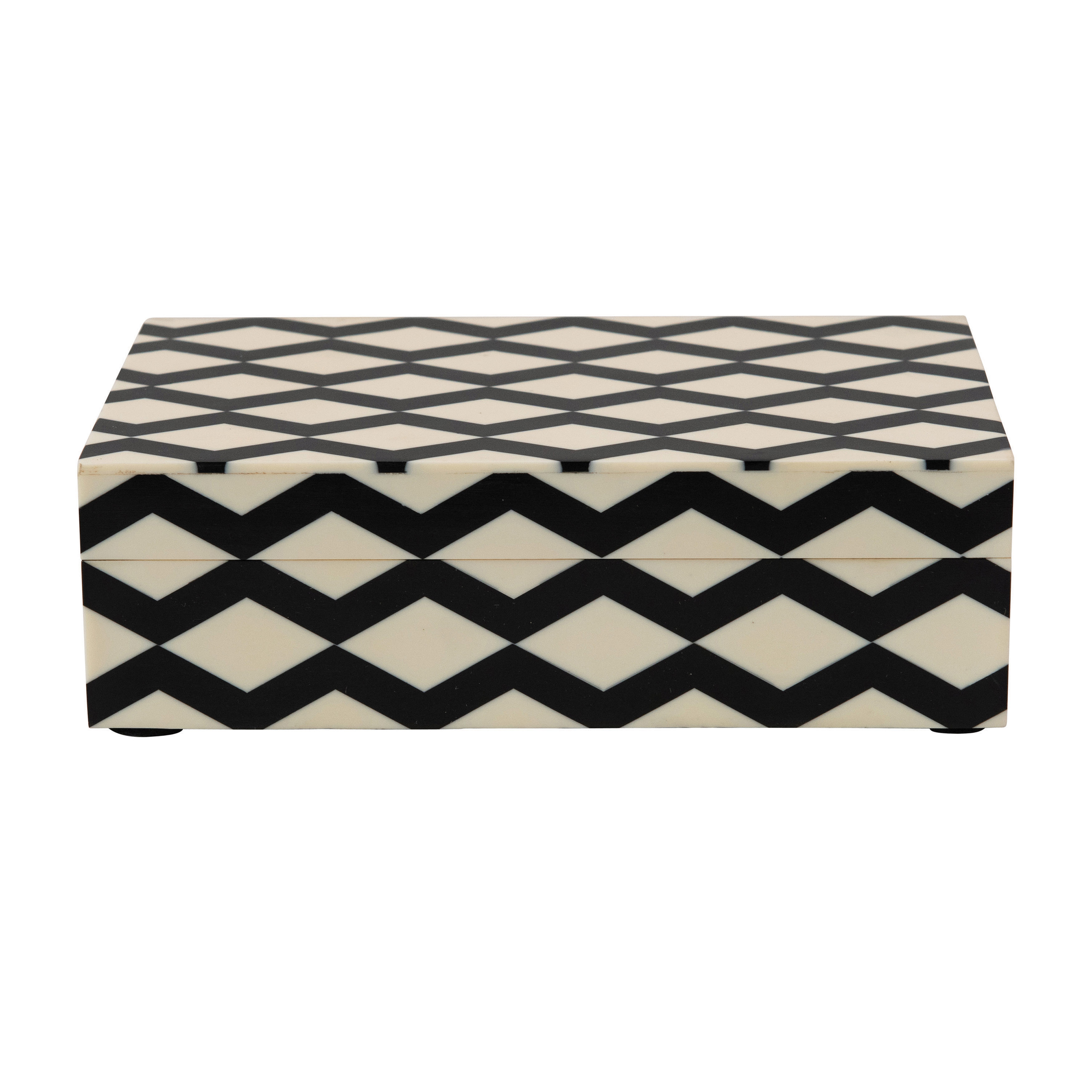 Resin & MDF Box with Lid & Pattern Inlay, Black & White - Nomad Home