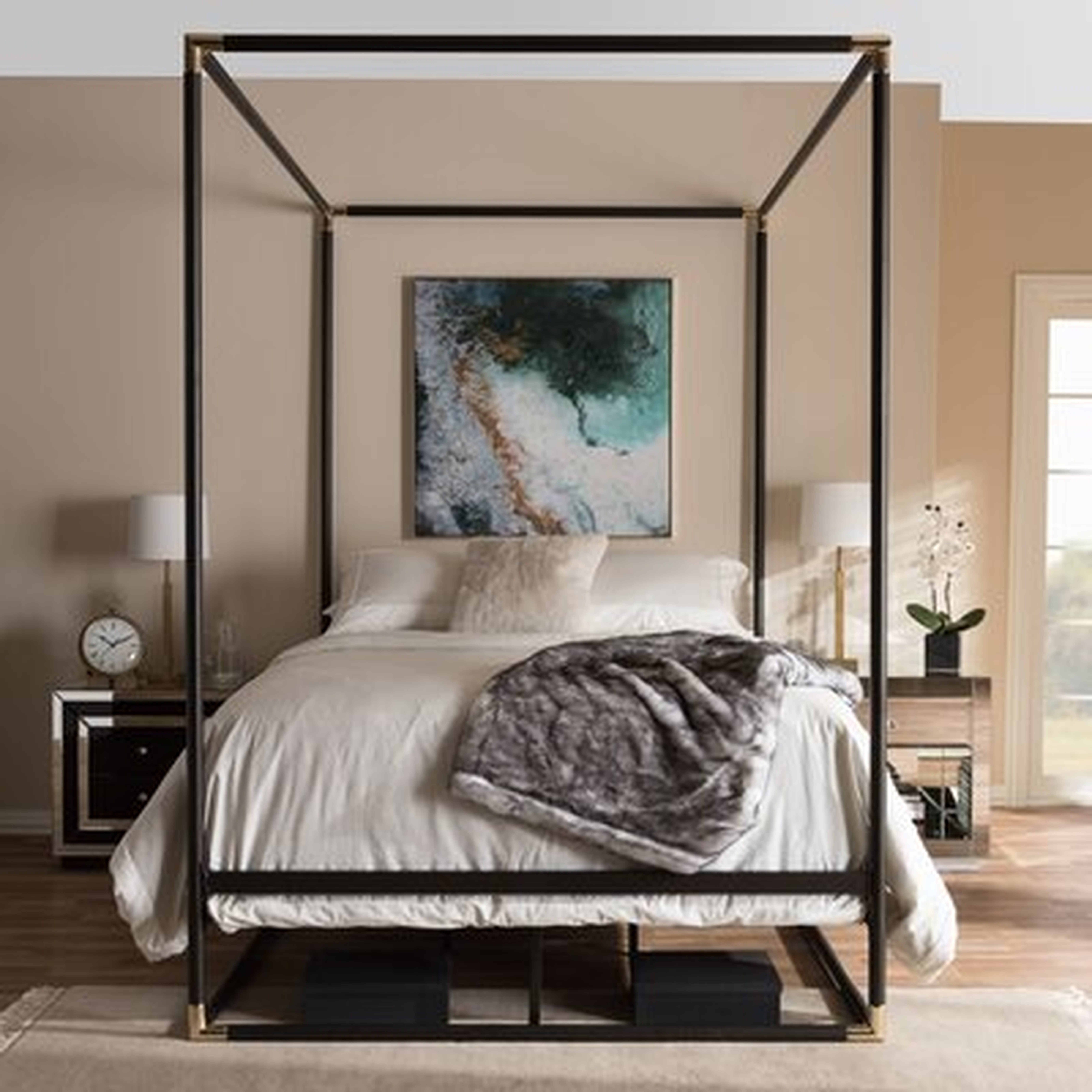 Jacqui Vintage Industrial Black Finished Metal Canopy Queen Bed - Wayfair