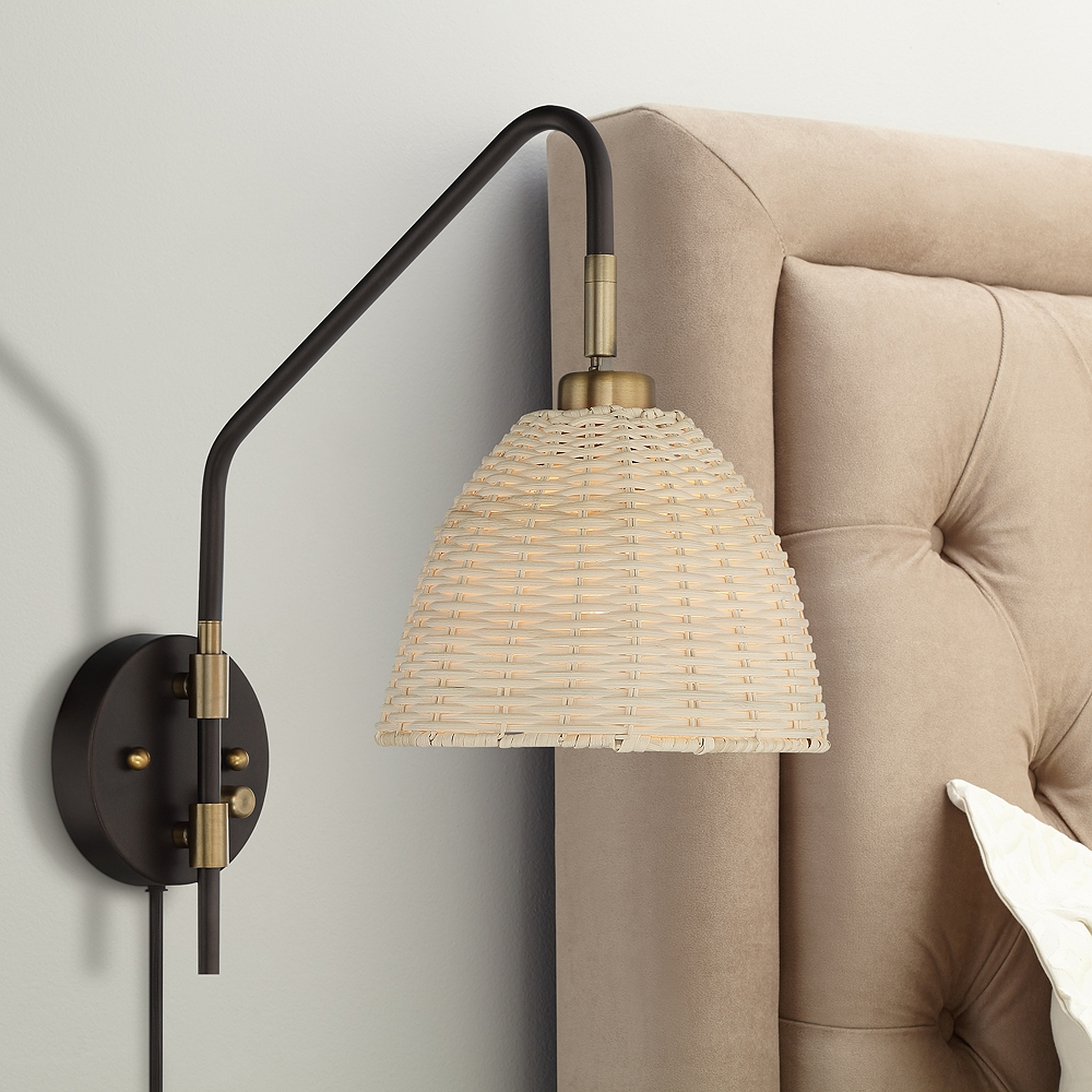 Vega Bronze and Brass Rattan Shade Plug-In Wall Lamp - Style # 88T56 - Lamps Plus