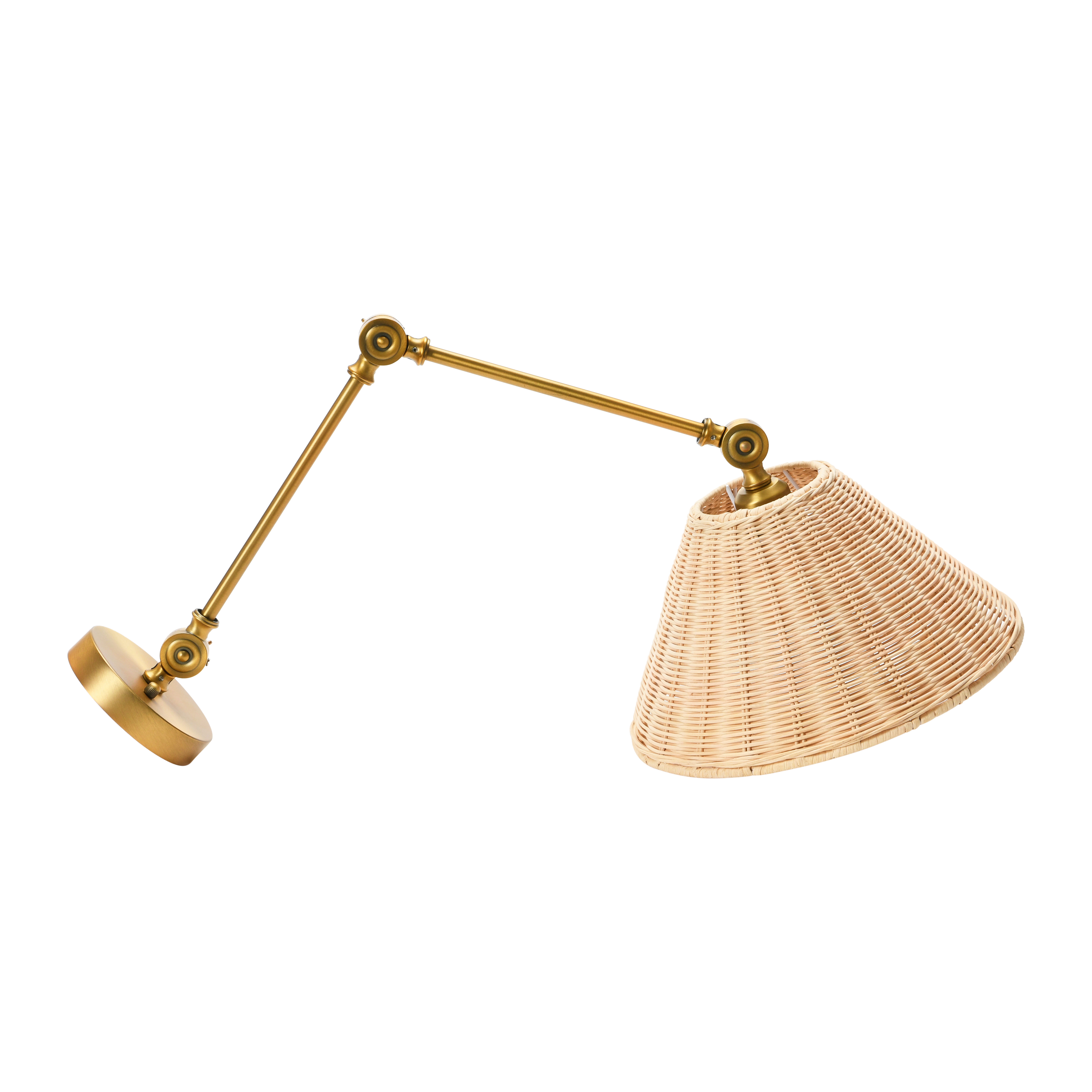 Coastal Adjustable Wall Sconce with Neutral Beige Rattan Shades, Antique Metal Brass Finish - Creative Co-Op