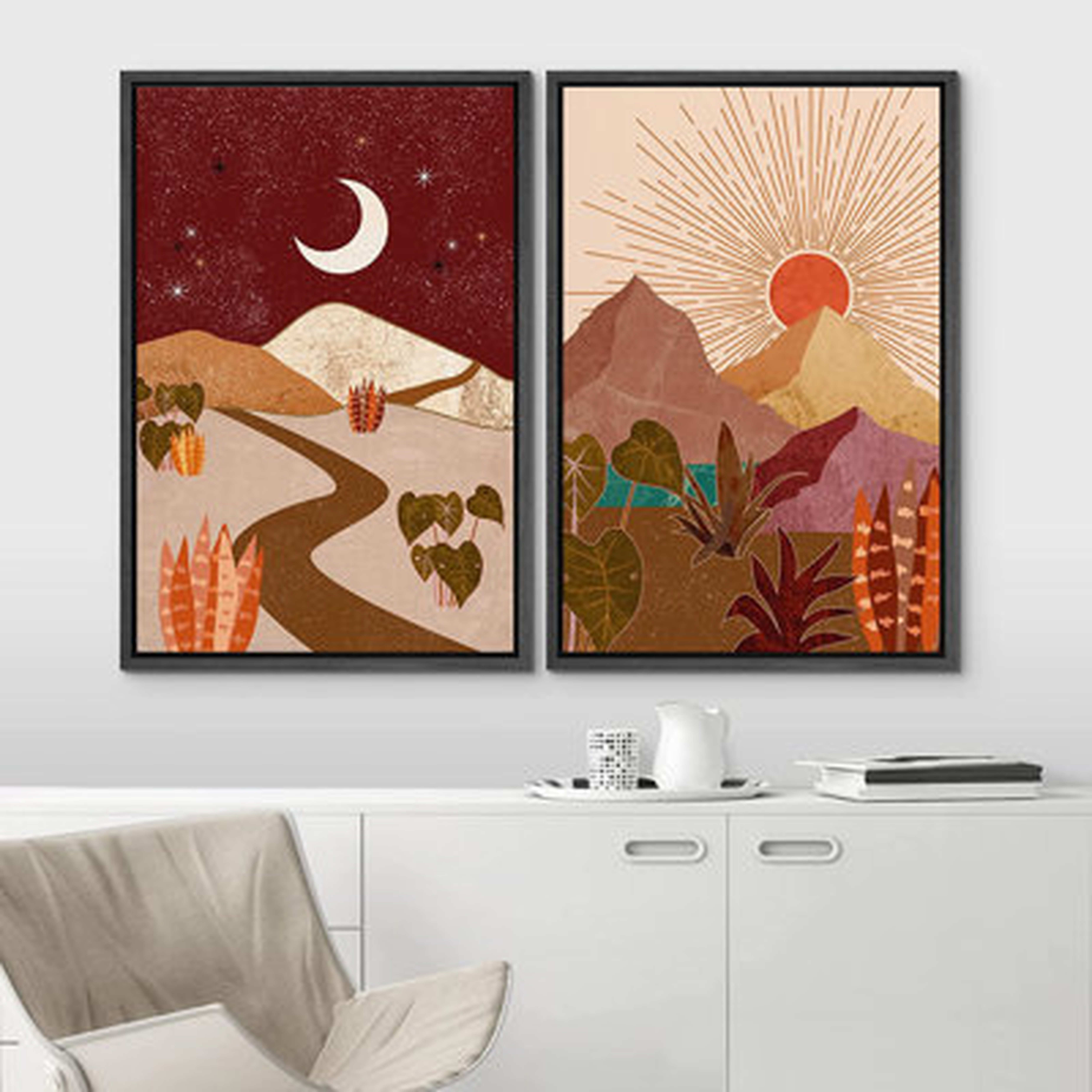 IDEA4WALL Framed Canvas Print Wall Art Set Moon & Sun Desert Southwest Landscapes Nature Wilderness Illustrations Modern Art Rustic Decorative For Living Room, Bedroom, Officel - 16"X24"X2 White - Wayfair