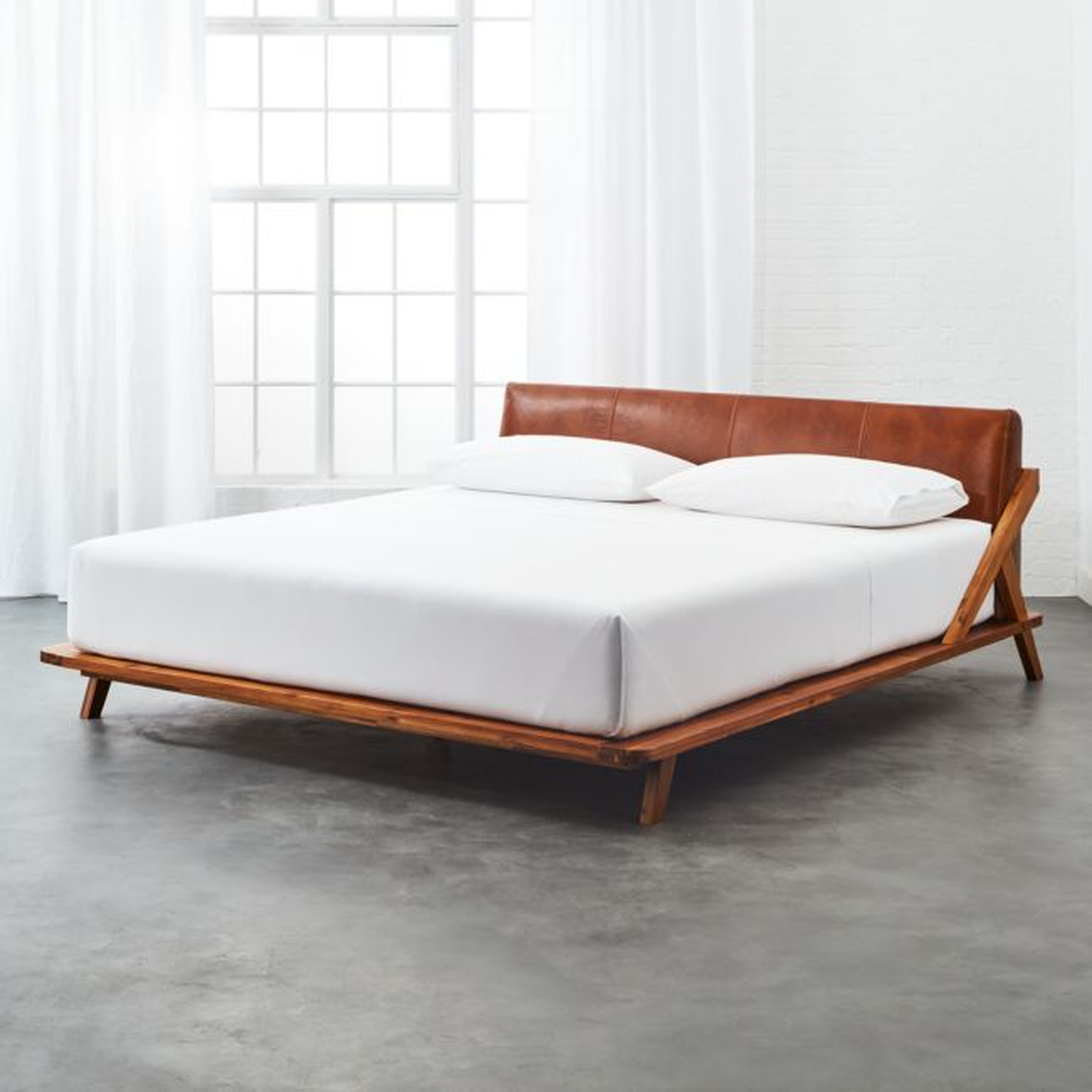 Drommen Acacia Wood Platform King Bed with Leather Headboard - CB2