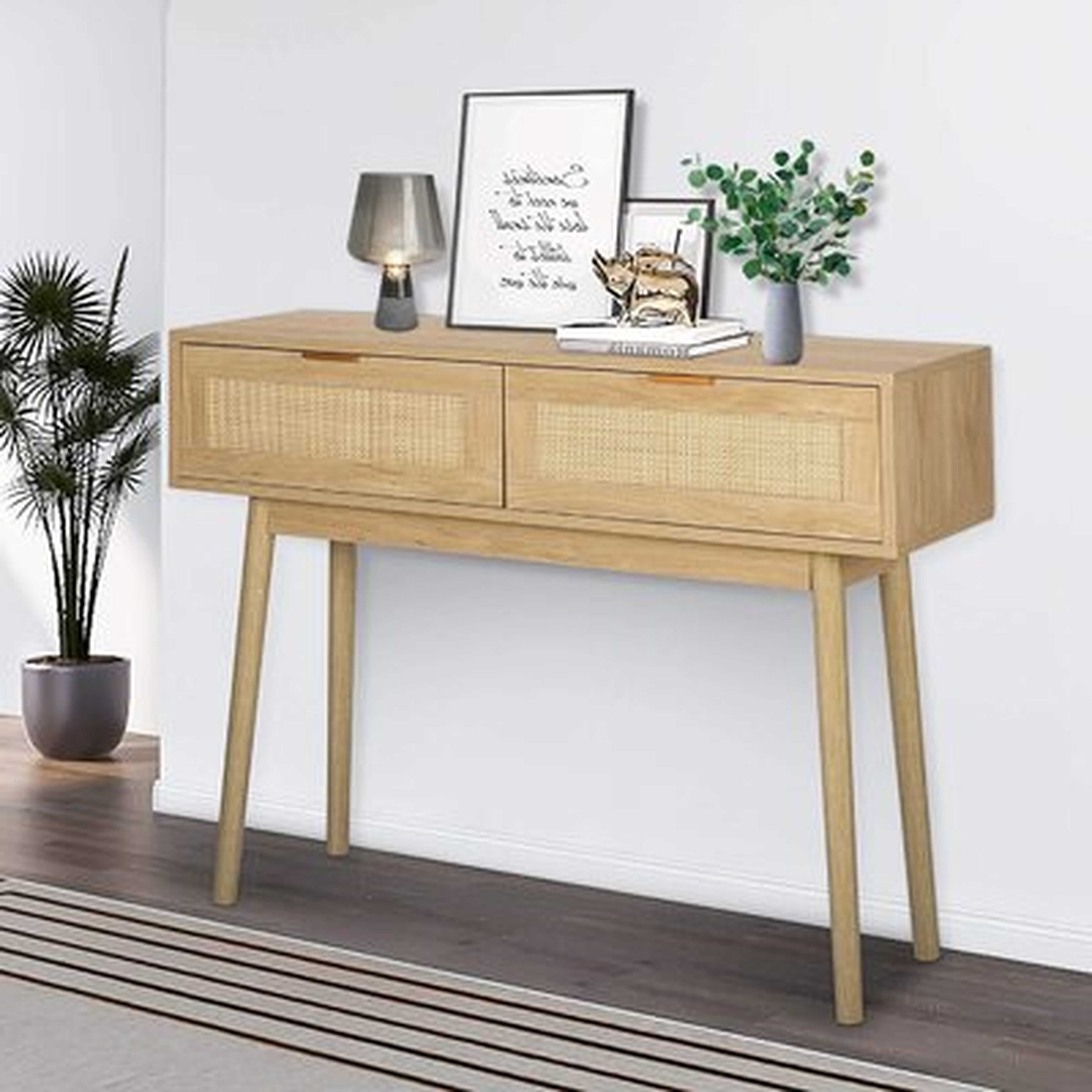 39" Console Table, Oak Grain Sofa Table With Wood Frame, Rustic Hallway Table With 2 Bamboo Weaving Storage Drawers For Foyer Living Room Entryway - Wayfair