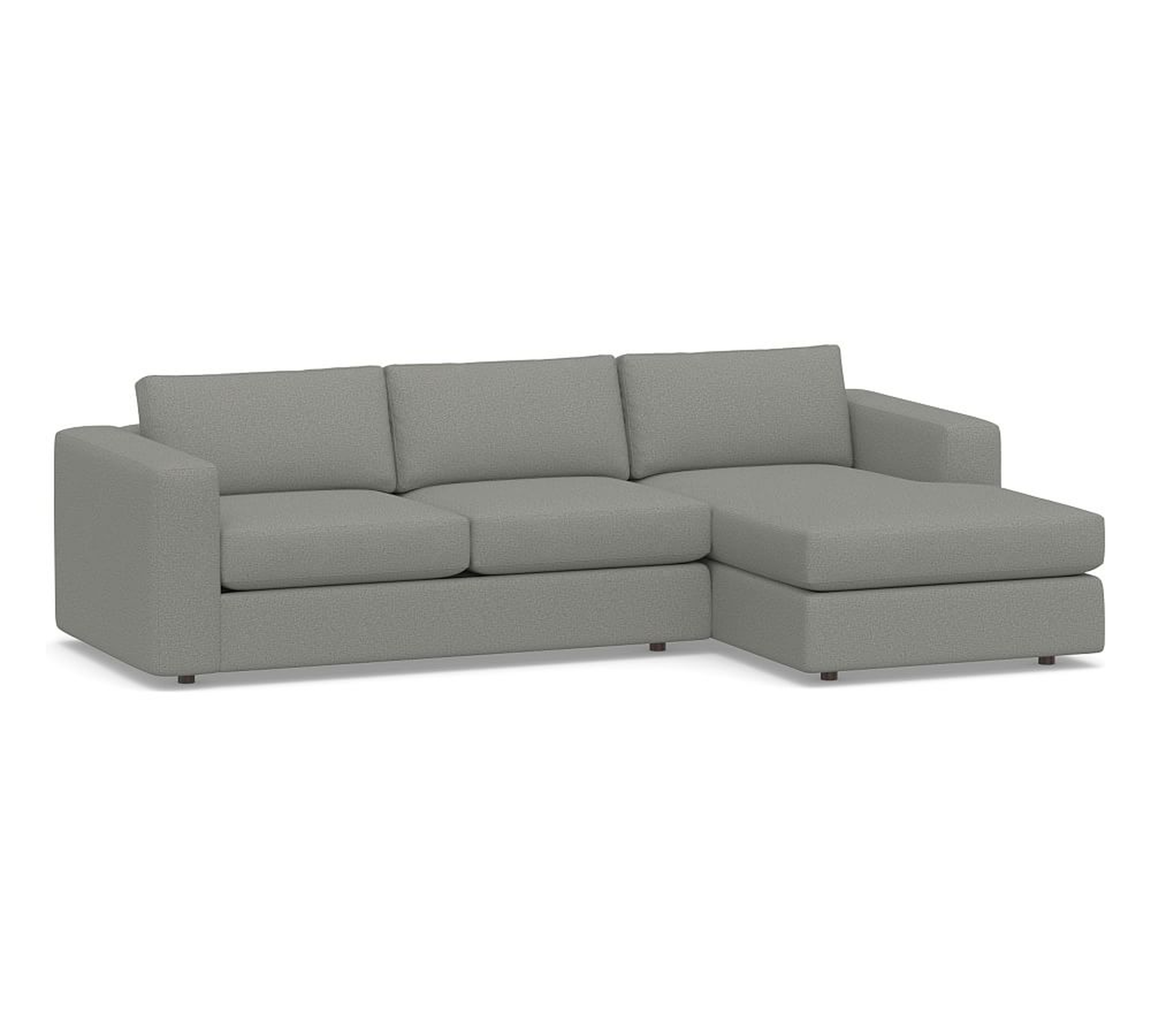 Carmel Square Arm Upholstered Left Arm Loveseat with Chaise Sectional, Down Blend Wrapped Cushions, Heathered Chenille Charcoal - Pottery Barn