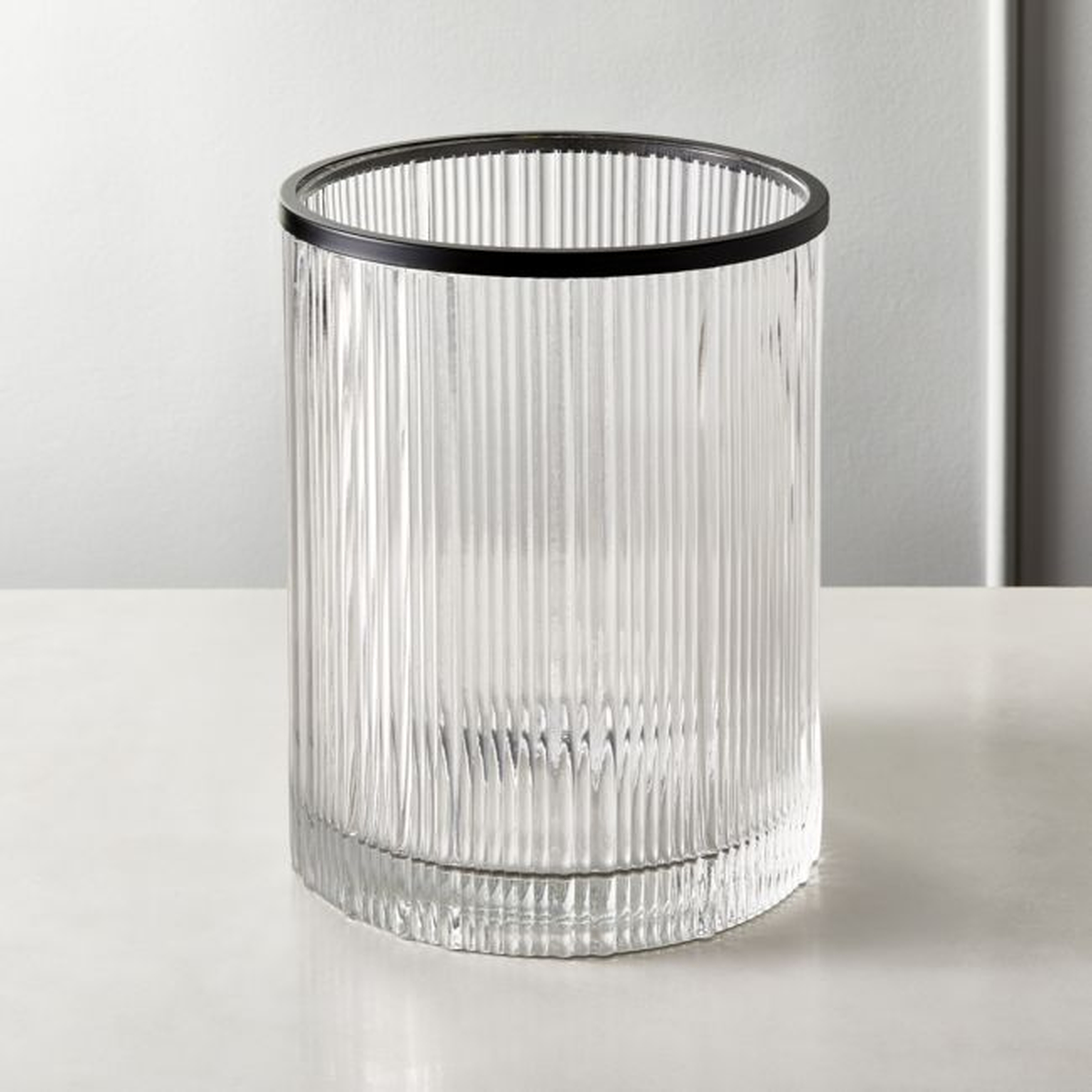 Athena Black Ribbed Glass Round Wastebasket - CB2