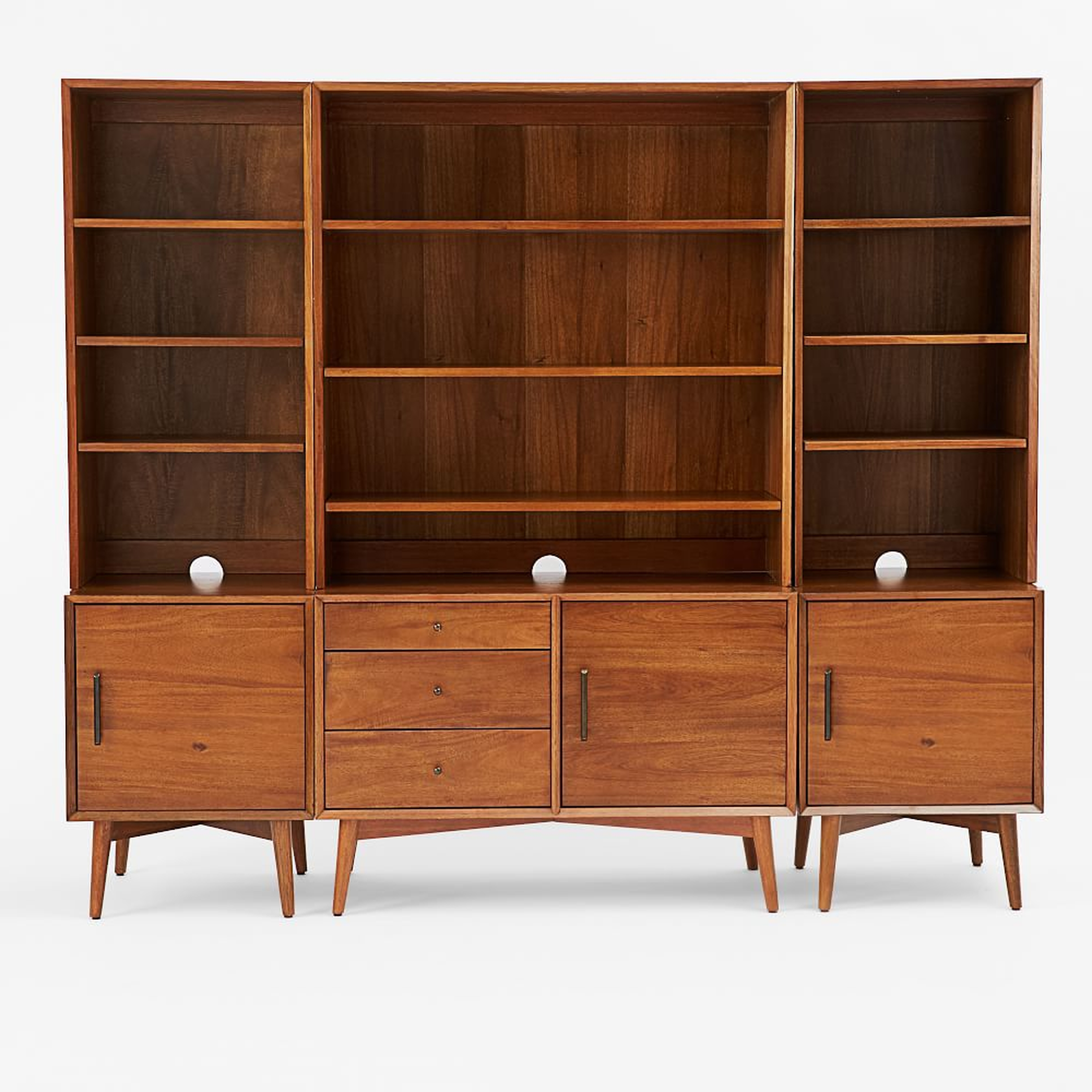 Mid Century Media With Wide Hutch, Acorn (1 small console, 2 door bases, 2 narrow hutches) - West Elm