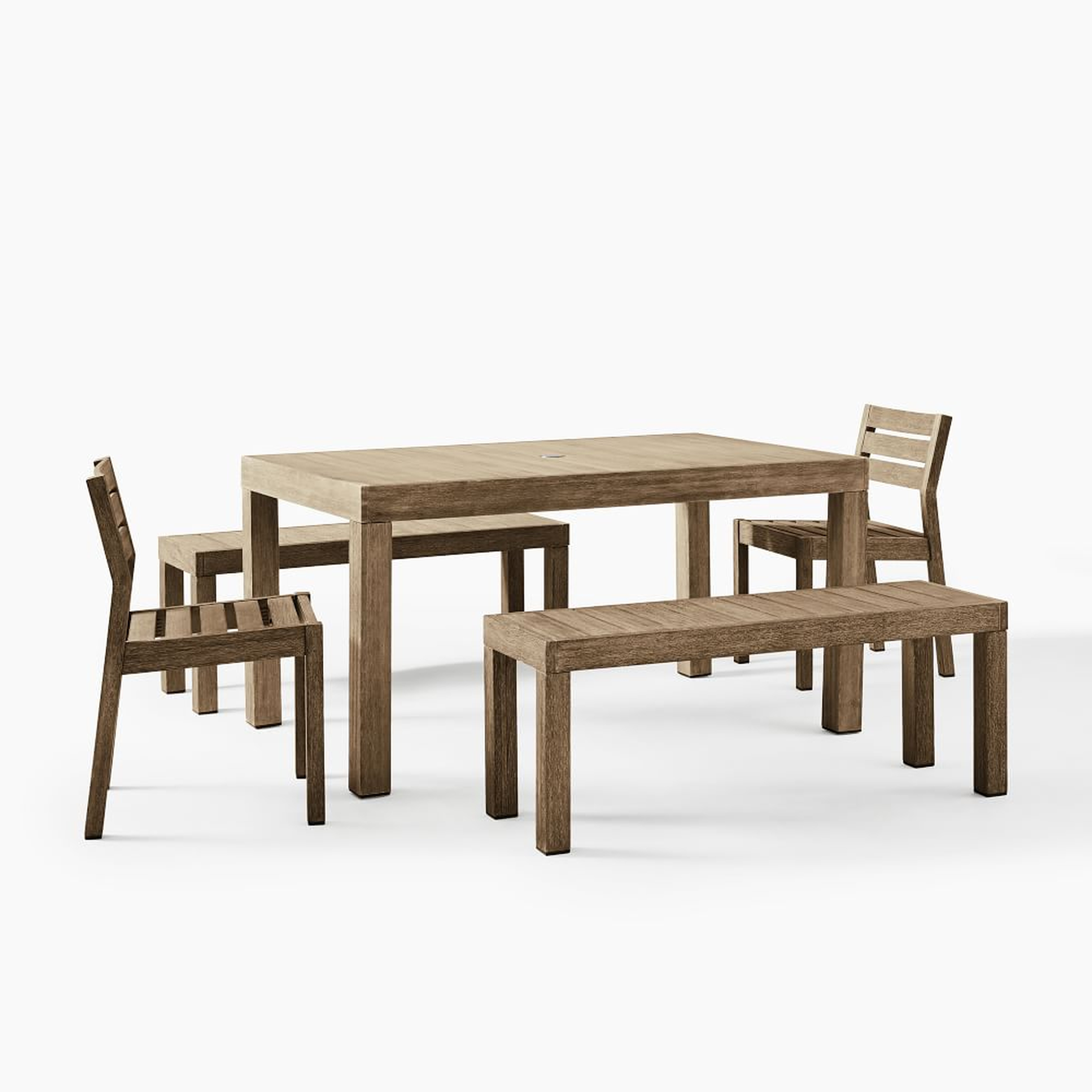 Portside Outdoor 58.5" Dining Table, 2 Benches & 2 Wood Chairs Set, Driftwood - West Elm