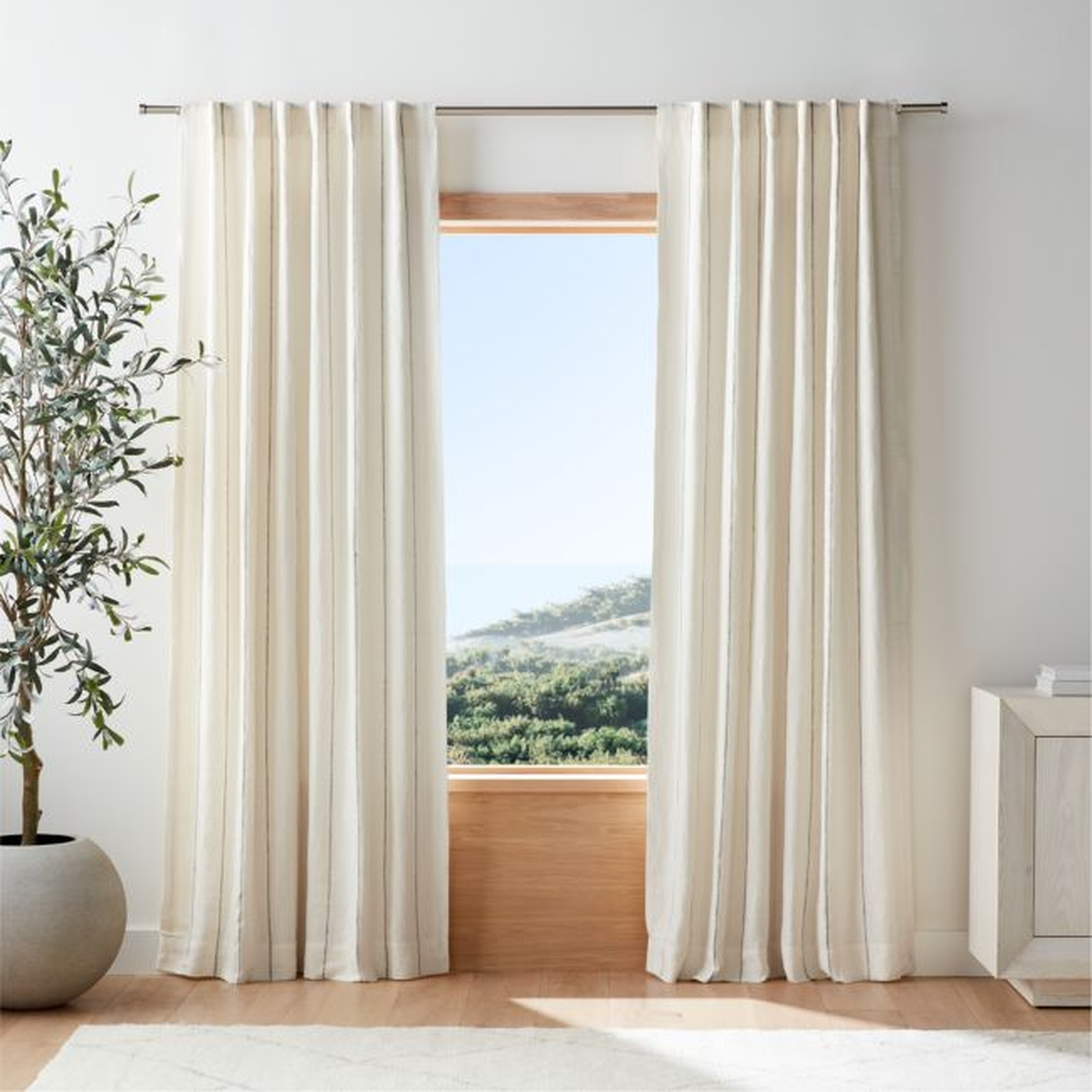 Pampas Ivory & Storm Grey Linen Double Pinstripe Blackout Window Curtain Panel 52"x96" - Crate and Barrel